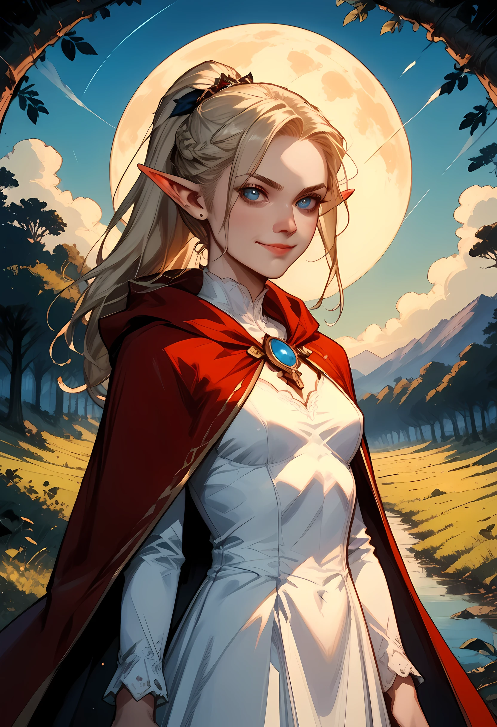 a picture of a female elf and her pet epic cat traveling on the forest road, an exquisite beautiful female elf (ultra details, Masterpiece, best quality), blond hair, pale skin, hair in a ponytail, long hair, blue eyes, smirking, wearing white dress (ultra details, Masterpiece, best quality), red cloak, in dark fantasy forest at night, with a ((cat: 1.3)) (ultra details, Masterpiece, best quality: 1.5) the cat has red glowing eyes, dark trees, the moon is high in the sky, best anatomy, high details, best quality, 16k, [ultra detailed], masterpiece, best quality, (extremely detailed), close up, ultra wide shot, photorealistic, RAW, fantasy art, dnd art, fantasy art, realistic art,((best quality)), ((masterpiece)), (detailed), perfect face, RAW, dark fantasy art, gothic art, hyp3rd3tail style, commix style