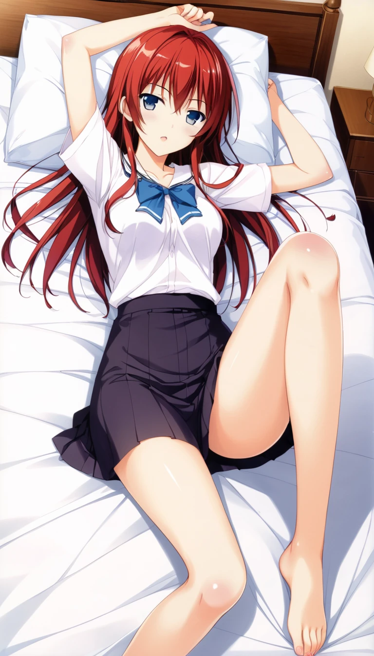 Beautiful woman, full body, red hair, long hair, purple eyes, freckles on face, white shirt, black edges shirt, blue mini skirt, white edges mini skirt, high heels, two color edge mini skirt, lying on the bed, embarrassed
