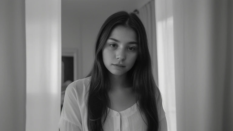 a cute 12-year-old girl, black and white, in her bedroom, detailed eyes, detailed lips, soft lighting, monochromatic, pencil sketch, delicate lines, high resolution, realistic shading and textures, fine details, subtle shadows, emotional expression, cozy atmosphere, soft textures, gentle pose, intimacy, peaceful ambiance, minimalistic decor, dreamy aura, natural beauty, graceful posture, minimal background distractions, calm and serene environment.