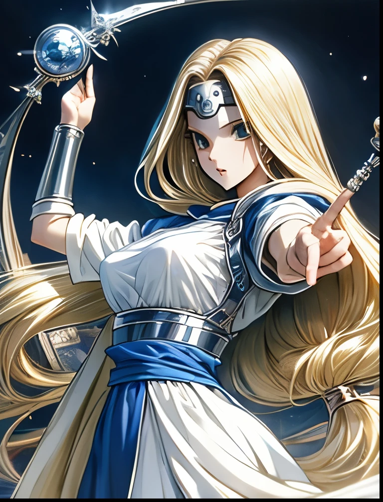 (((SFW、Accuracy、Highest quality、 A first-class masterpiece 、 Normal body 、8k、 detailed face 、 super precision 、 Normal Hands 、5 fingers、Highest)))、" DRAGON QUEST VI "、Mireille、Mireyu、 Blonde、 STRAIGHT LONG HAIR、Big Breasts、 slender、White and blue robes、 CIRCLET 、3-way whip
