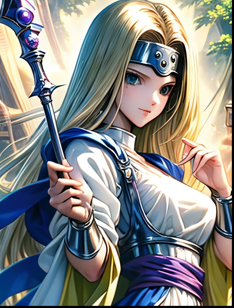 (((SFW、Accuracy、Highest quality、 A first-class masterpiece 、 Normal body 、8k、 detailed face 、 super precision 、 Normal Hands 、5 fingers、Highest)))、" DRAGON QUEST VI "、Mireille、Mireyu、 Blonde、 STRAIGHT LONG HAIR、Big Breasts、 slender、White and blue robes、 CIRCLET 、whip