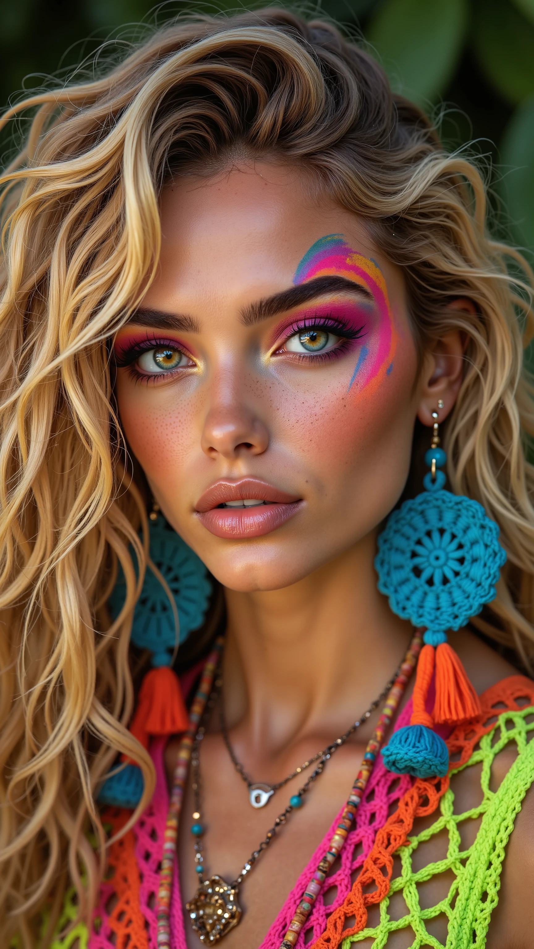 8k, Masterpiece, Top Quality, Vibrant colorful portrait, blonde curly hair, rainbow eyeshadow, bright pink blush, large blue crochet earrings with tassels, neon green and pink crochet top, freckles, fashion photography, highly detailed, vivid colors, festival makeup, bohemian style, close-up, soft lighting, professional studio shot, 85mm lens, high-resolution image