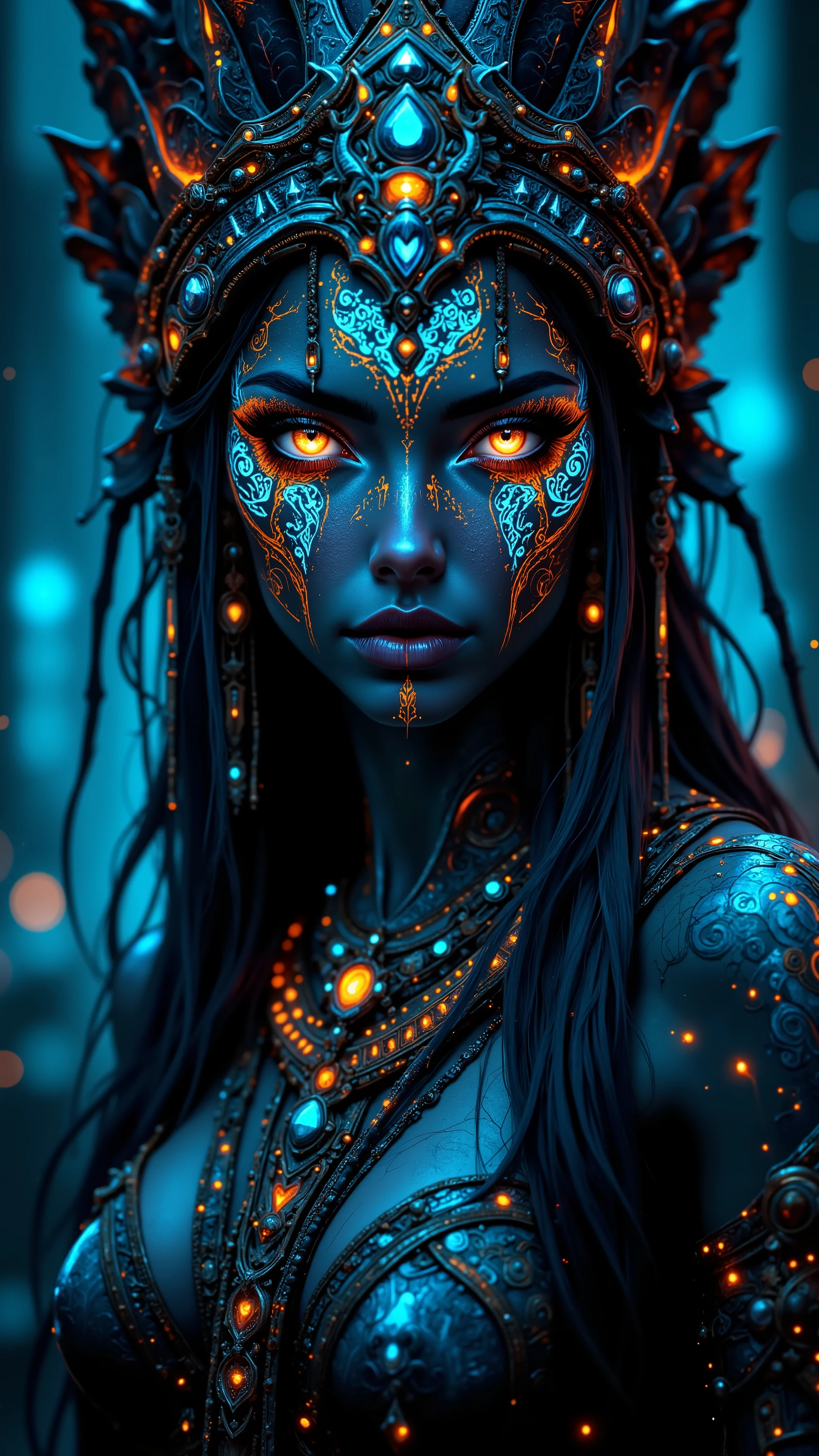 Masterpiece, Top Quality, Fantasy portrait, tribal goddess, intricate face paint, glowing blue patterns, ornate headdress, bioluminescent makeup, ethereal lighting, vibrant turquoise and orange, detailed jewelry, mystical atmosphere, digital art, high detail, surreal, otherworldly, luminous eyes, sacred geometry, futuristic tribal, iridescent, magical realism, 8k resolution