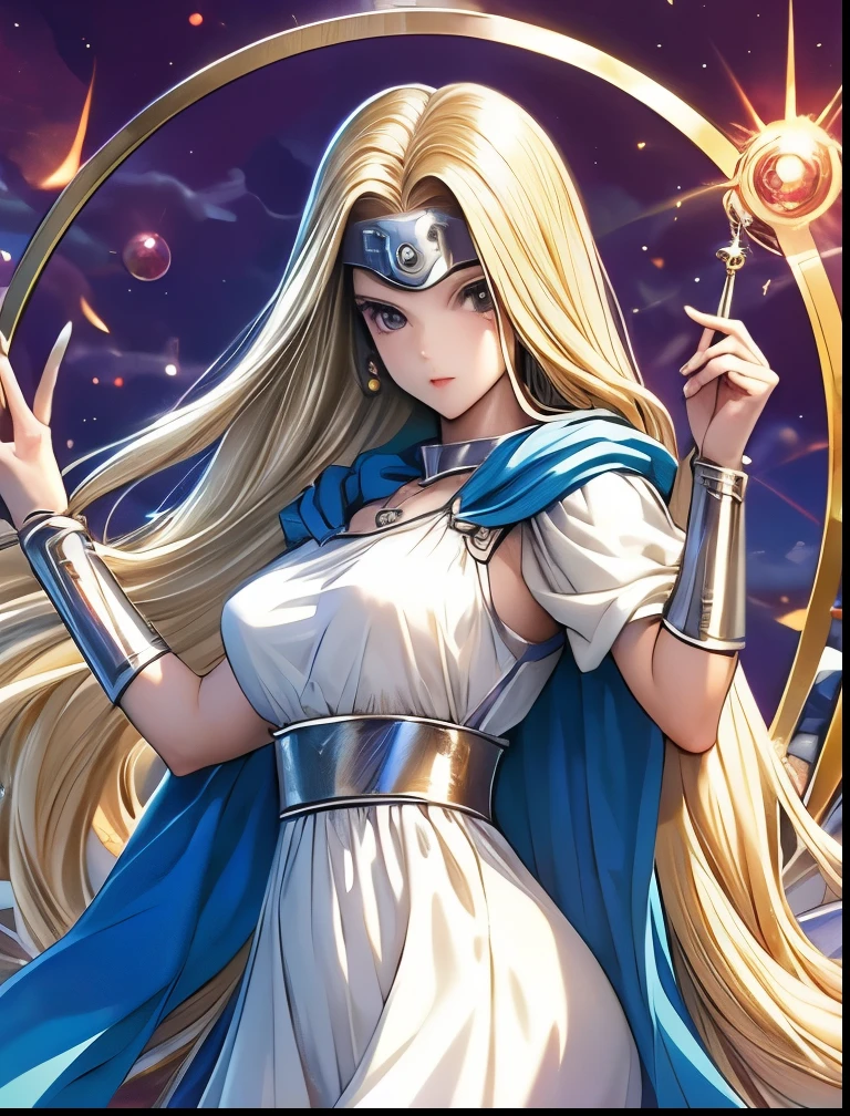 (((SFW、Accuracy、Highest quality、 A first-class masterpiece 、 Normal body 、8k、 detailed color 、 super precision 、 Normal Hands 、5 fingers、Highest)))、" DRAGON QUEST VI "、Mireille、Mireyu、 Blonde、 STRAIGHT LONG HAIR、Big Breasts、 slender、Light dress、 CIRCLET 、whip