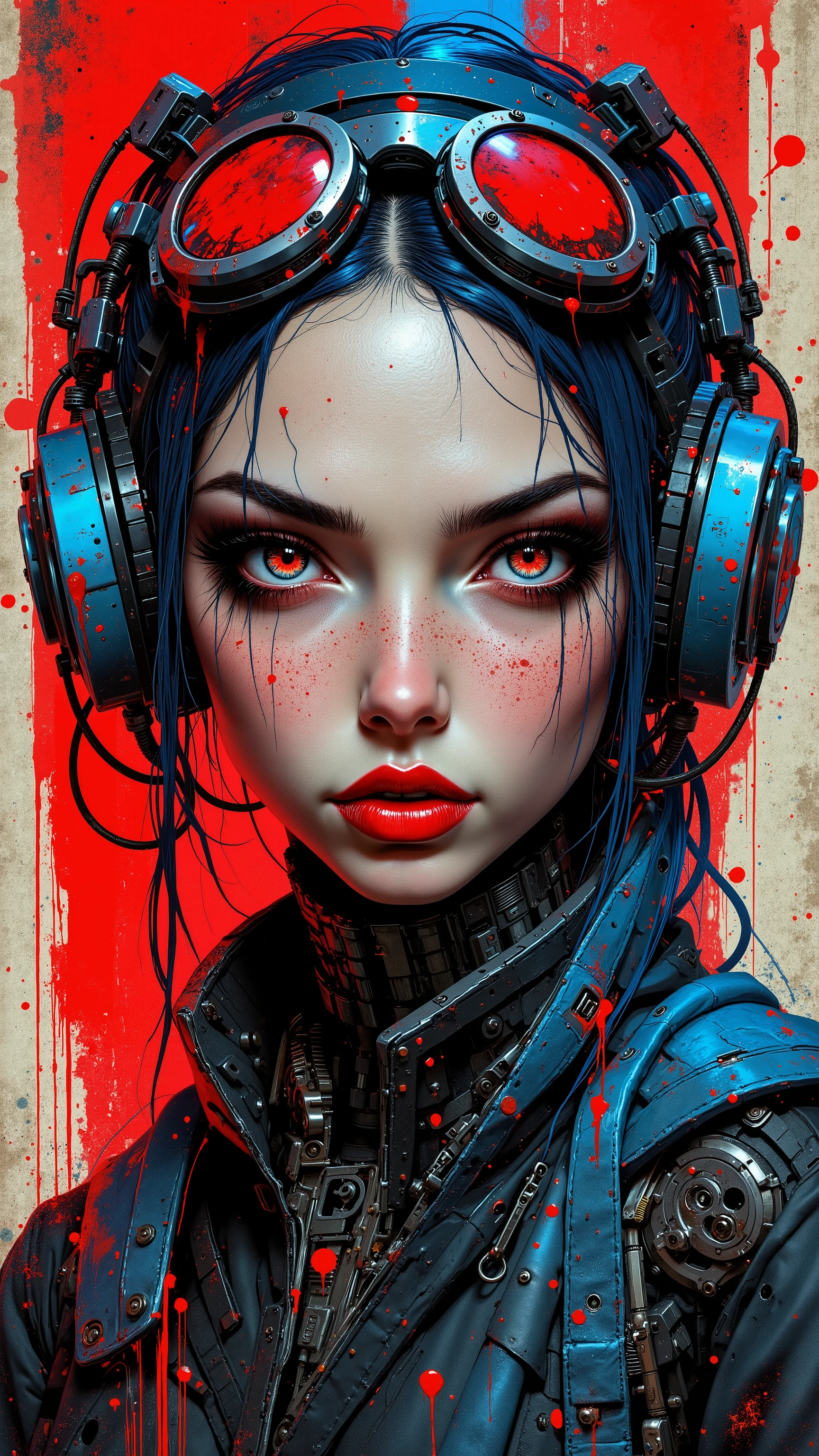 8k, Masterpiece, Top Quality, Surreal portrait, female face, cyberpunk aesthetic, goggles on head, red and blue color scheme, splatter paint effect, dramatic eye makeup, bold red lips, mechanical neck pieces, futuristic headgear, intense gaze, detailed illustration, mixed media artwork, textured background, high contrast, dystopian feel, sci-fi elements, intricate details, urban art style, striking composition