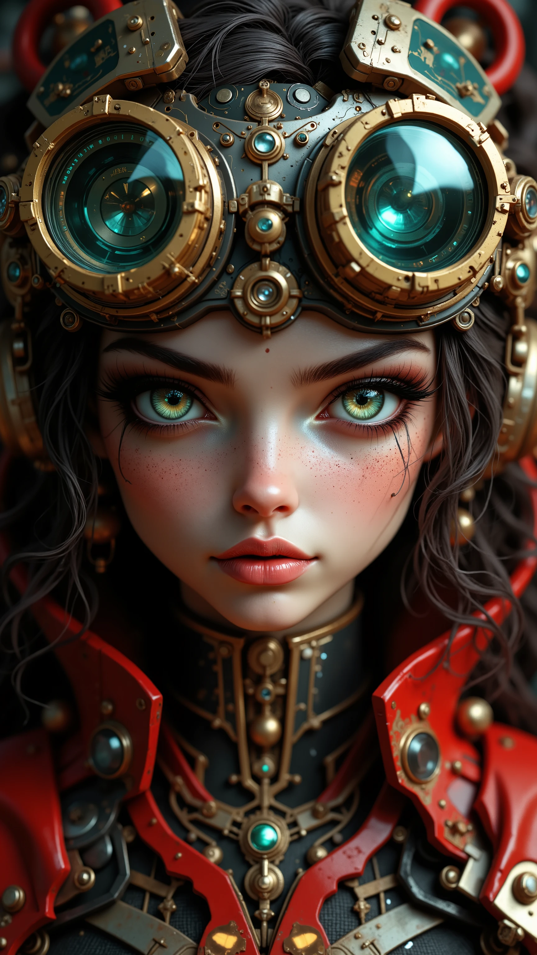8k, Masterpiece, Top Quality, Steampunk portrait, futuristic goggles, intricate machinery, green eyes, realistic skin texture, curly hair, high detail, ornate neck piece, red and gold tones, cyberpunk aesthetic, 3D render, hyper-realistic, cinematic lighting, ultra-high resolution, digital art, sci-fi concept art