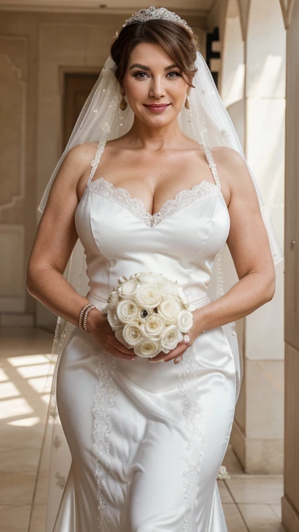 Girl with huge breasts wearing a wedding dress with a huge neckline ,with veil and bouquet at the altar 