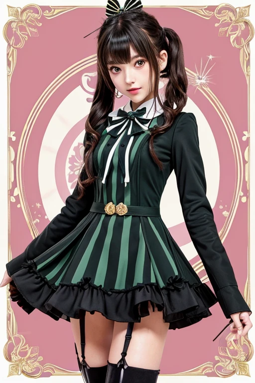 Girl, ((Blue bow on neck)), darkgreen frock, yellow hair, blue eyes, black long tights, long darkgreen frock with darkgreen sleeves, brown shoes, ((a palette knife in her hands))
