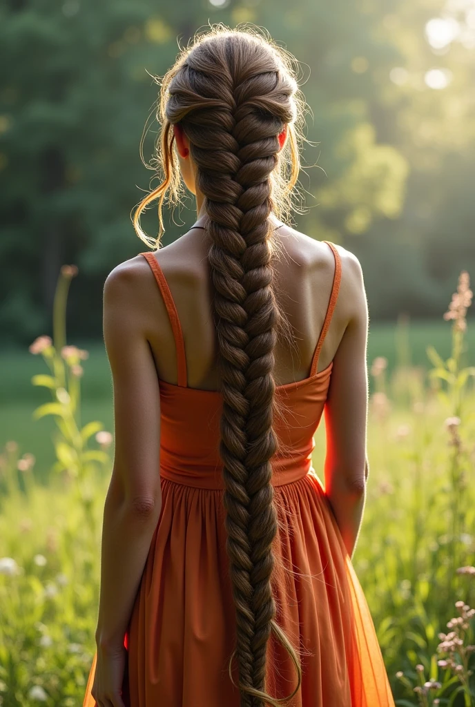 A photo of a TOK person, 1girl, 20 years old, tall and attractive, wearing a cute country dress, hair braided, standing in a rustic farm setting. She has a soft, gentle smile and expressive eyes. In the background are charming barns, golden wheat fields and clear blue skies. The composition should be bathed in warm golden hour light, with soft depth of field and soft bokeh to accentuate the idyllic tranquility. Capture images as if they were shot on vintage 35mm film for added oomph, filmg,
