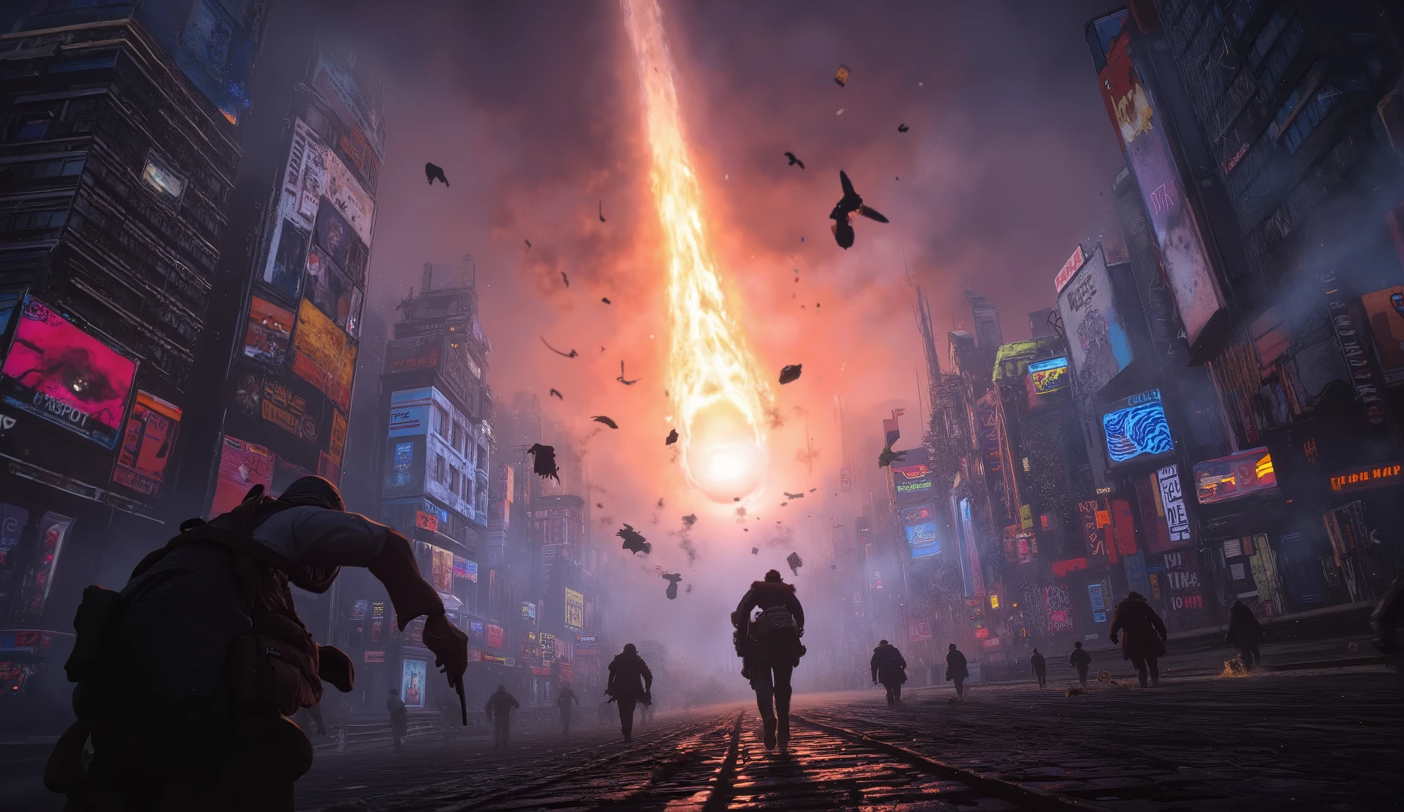 It represents a dramatic scene of the fall of a meteorite in a city 
