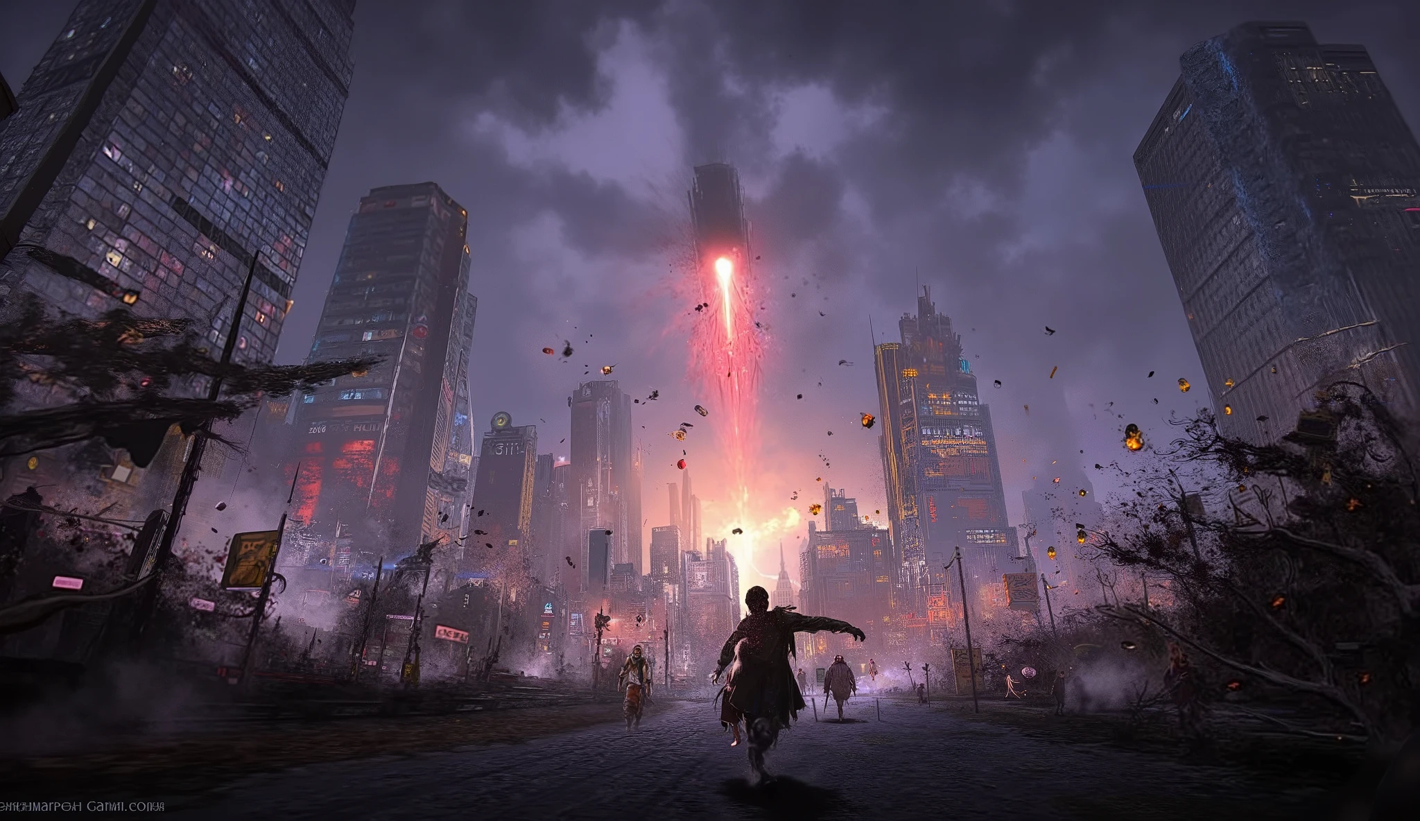 It represents a dramatic scene of the fall of a meteorite in a city