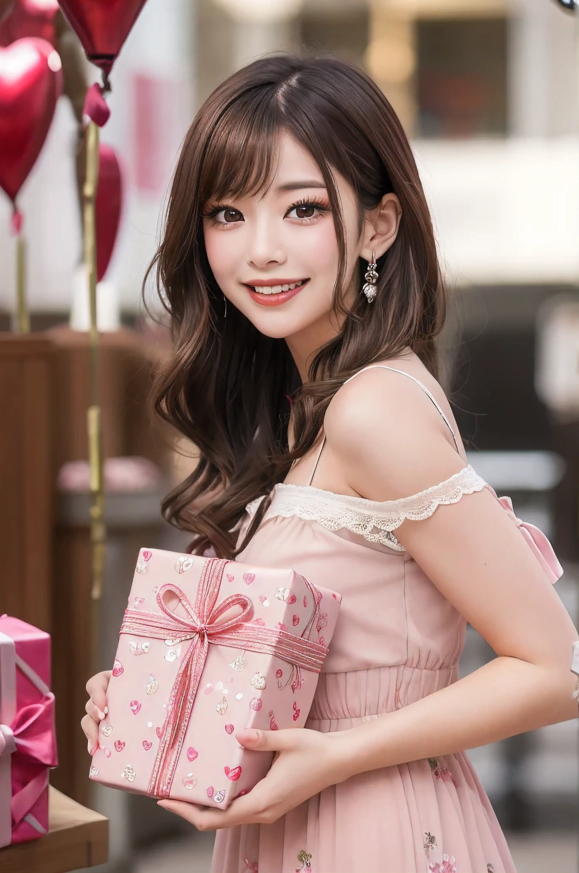 A young woman standing confidently against a romantic Valentine's Day-themed backdrop. She is wearing a youthful, short pink dress made of lace or smooth fabric, perfectly complementing the festive mood. Her hair is styled in soft curls, and she has a radiant, perfect smile that exudes happiness. With both hands, she is holding a beautifully wrapped gift box adorned with a decorative bow, showcasing elegance and thoughtfulness. The background is a vibrant, soft pink with subtle Valentine’s Day details like delicate hearts and glowing bokeh effects. The overall scene is a masterpiece of hyperrealism, with ultra-high-definition 8K resolution. The lighting is soft and warm, highlighting the intricate details of her dress, the texture of the gift box, and the joyful atmosphere, creating a cheerful and romantic ambiance.