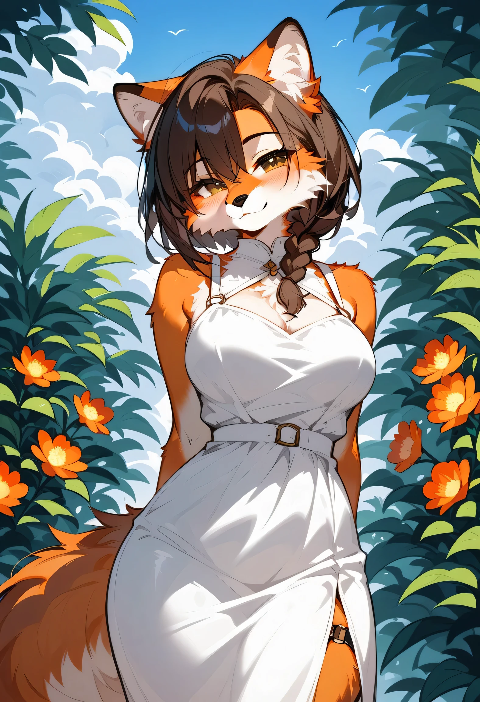 (score_9,score_8_up,score_7_up), fluffy, One, hind, doe, (body fur), BROWN HAIR , medium hair, one braid, brown eyes, half-closed eyes , seductive smile, style to blush, middle breasts, wide hips, shocks, white summer dress, sleeveless, thin straps , looks at the viewer , hands behind , outdoor , now
