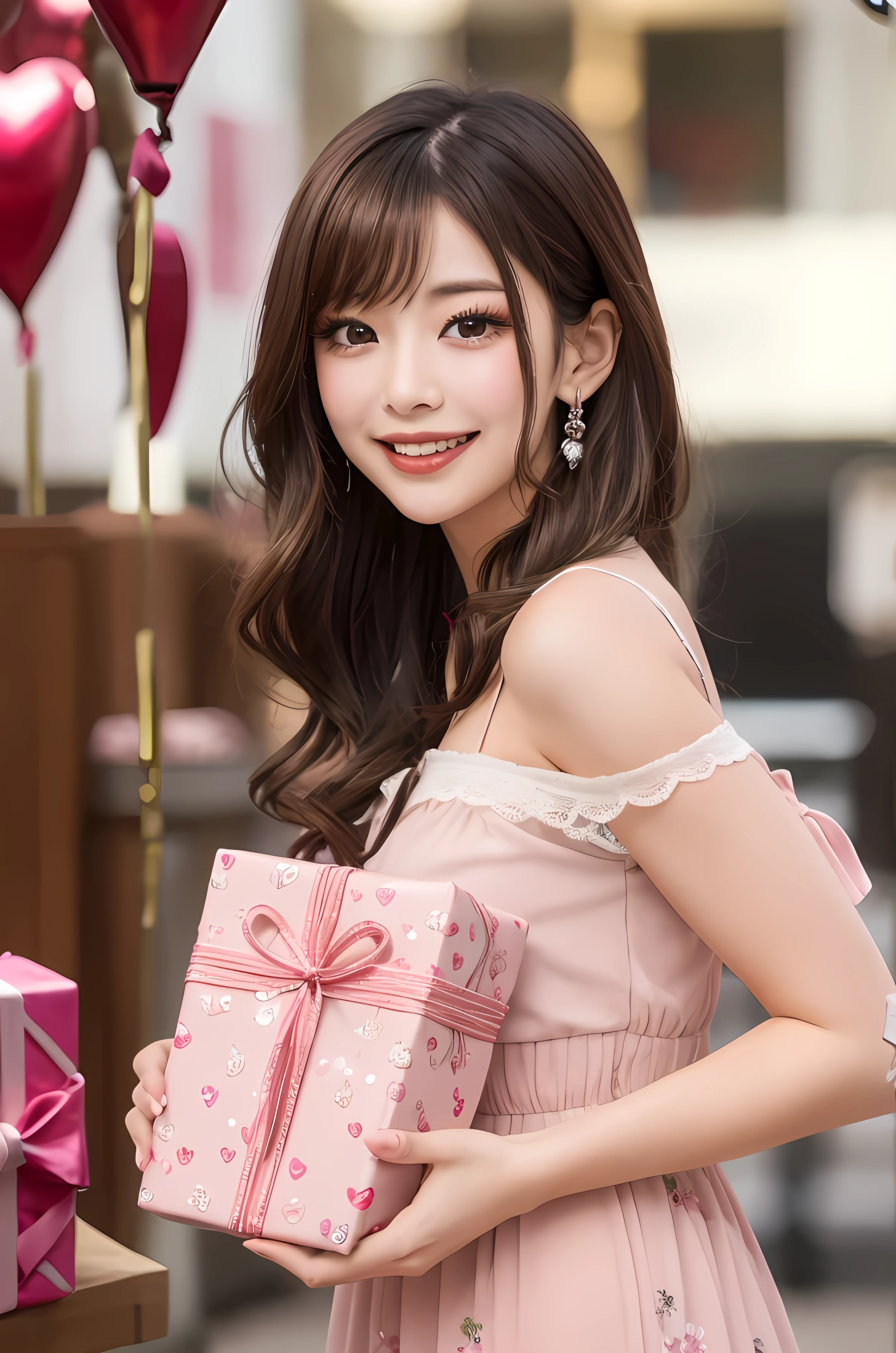 A young woman standing confidently against a romantic Valentine's Day-themed backdrop. She is wearing a youthful, short pink dress made of lace or smooth fabric, perfectly complementing the festive mood. Her hair is styled in soft curls, and she has a radiant, perfect smile that exudes happiness. With both hands, she is holding a beautifully wrapped gift box adorned with a decorative bow, showcasing elegance and thoughtfulness. The background is a vibrant, soft pink with subtle Valentine’s Day details like delicate hearts and glowing bokeh effects. The overall scene is a masterpiece of hyperrealism, with ultra-high-definition 8K resolution. The lighting is soft and warm, highlighting the intricate details of her dress, the texture of the gift box, and the joyful atmosphere, creating a cheerful and romantic ambiance.