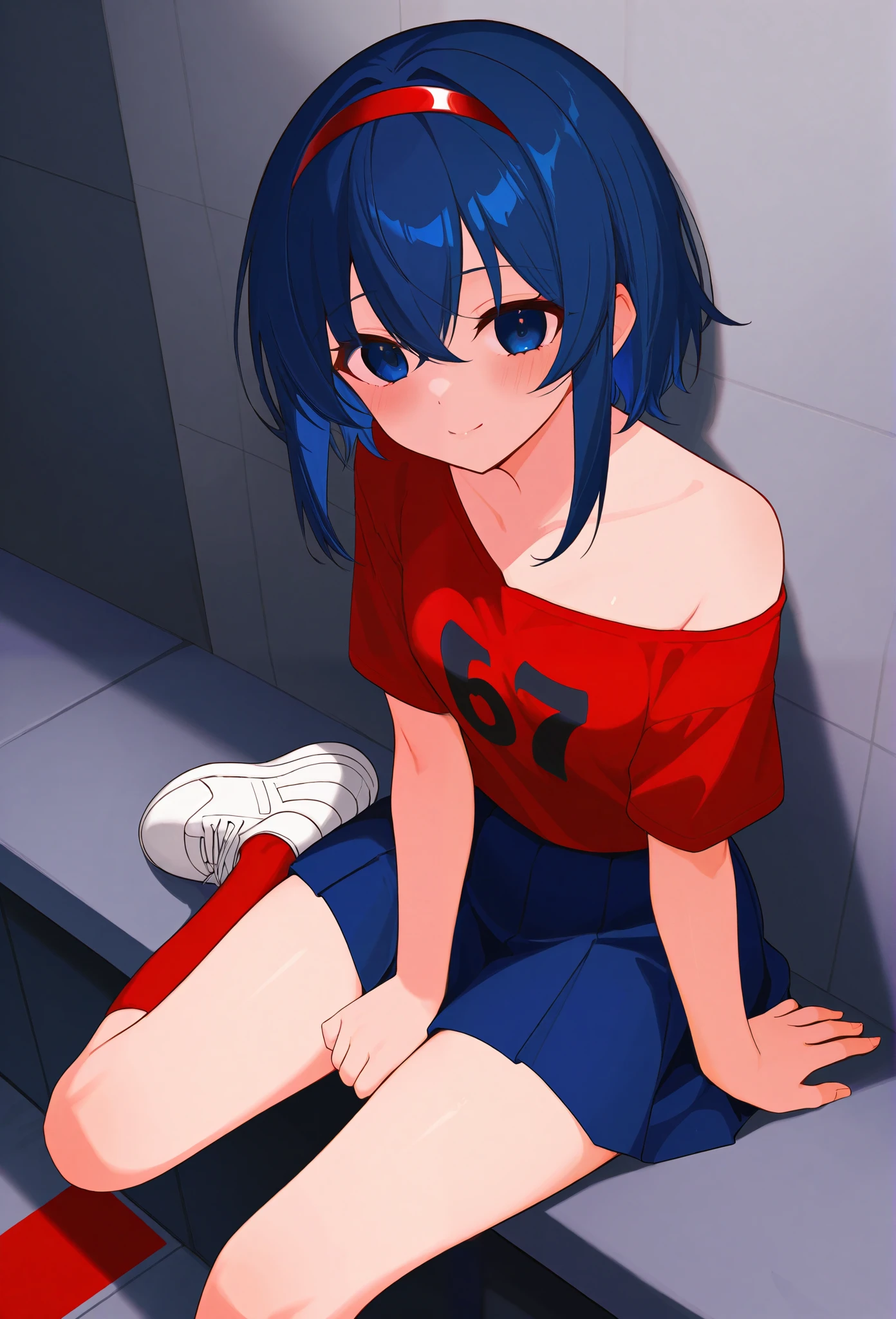 1 woman, Yandere, Mita, Miside, dark blue eyes, blue hair, Red diadem, off shoulder, cute,  red t shirt, blue skirt, Red long socks, white sneakers,