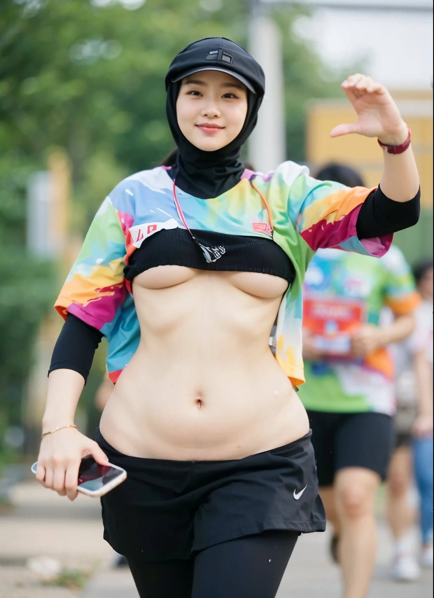 a beautiful sexy malaysia girls wears a hijab, wearing a purple shirt, showing big navel, wears low waist jeans, at the festival, wear a black leather belt, full body, smiling, 4K