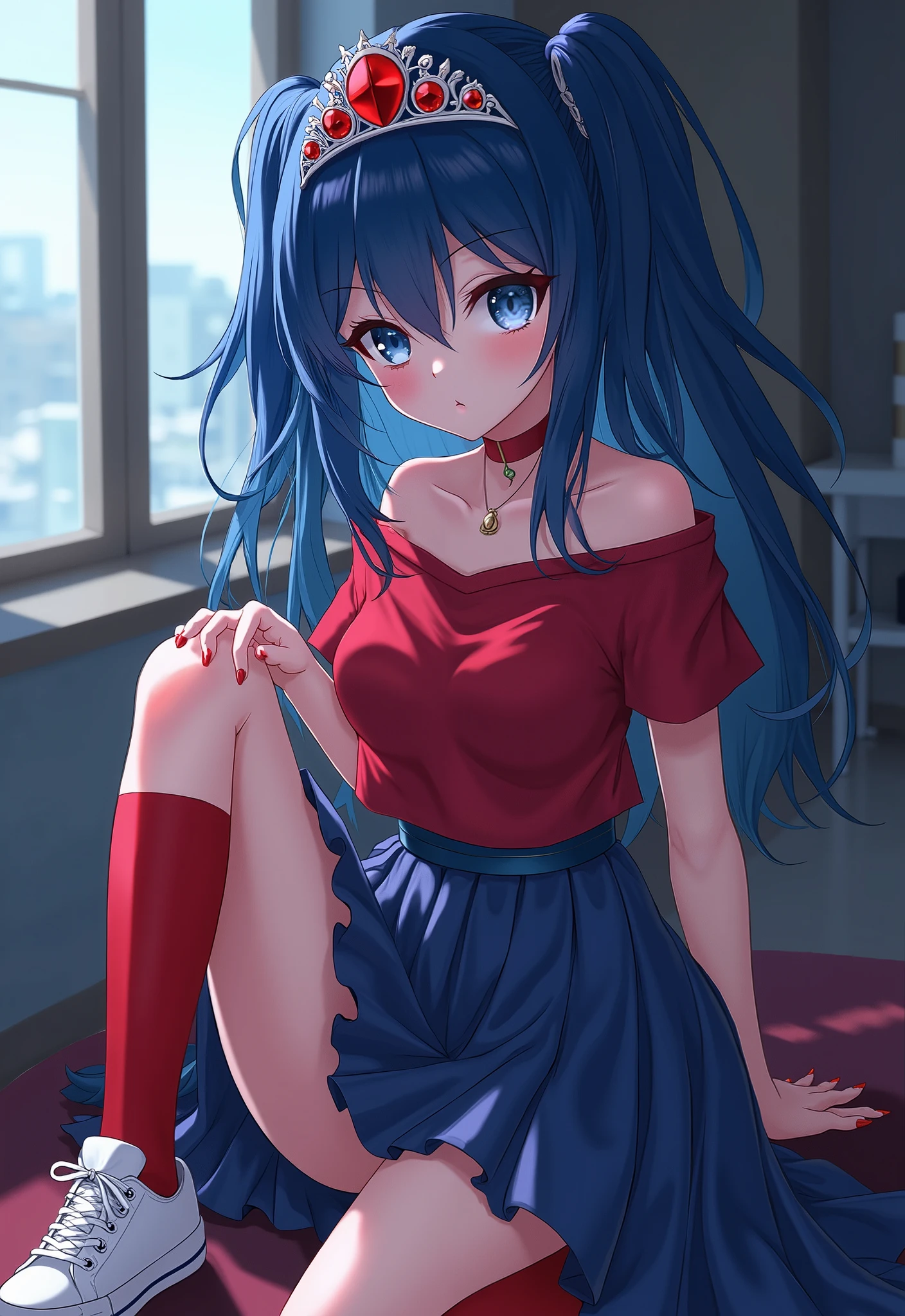 1 woman, Yandere, Mita, Miside, dark blue eyes, blue hair, Red diadem, off shoulder, cute, red t shirt, blue skirt, Red long socks, white sneakers,