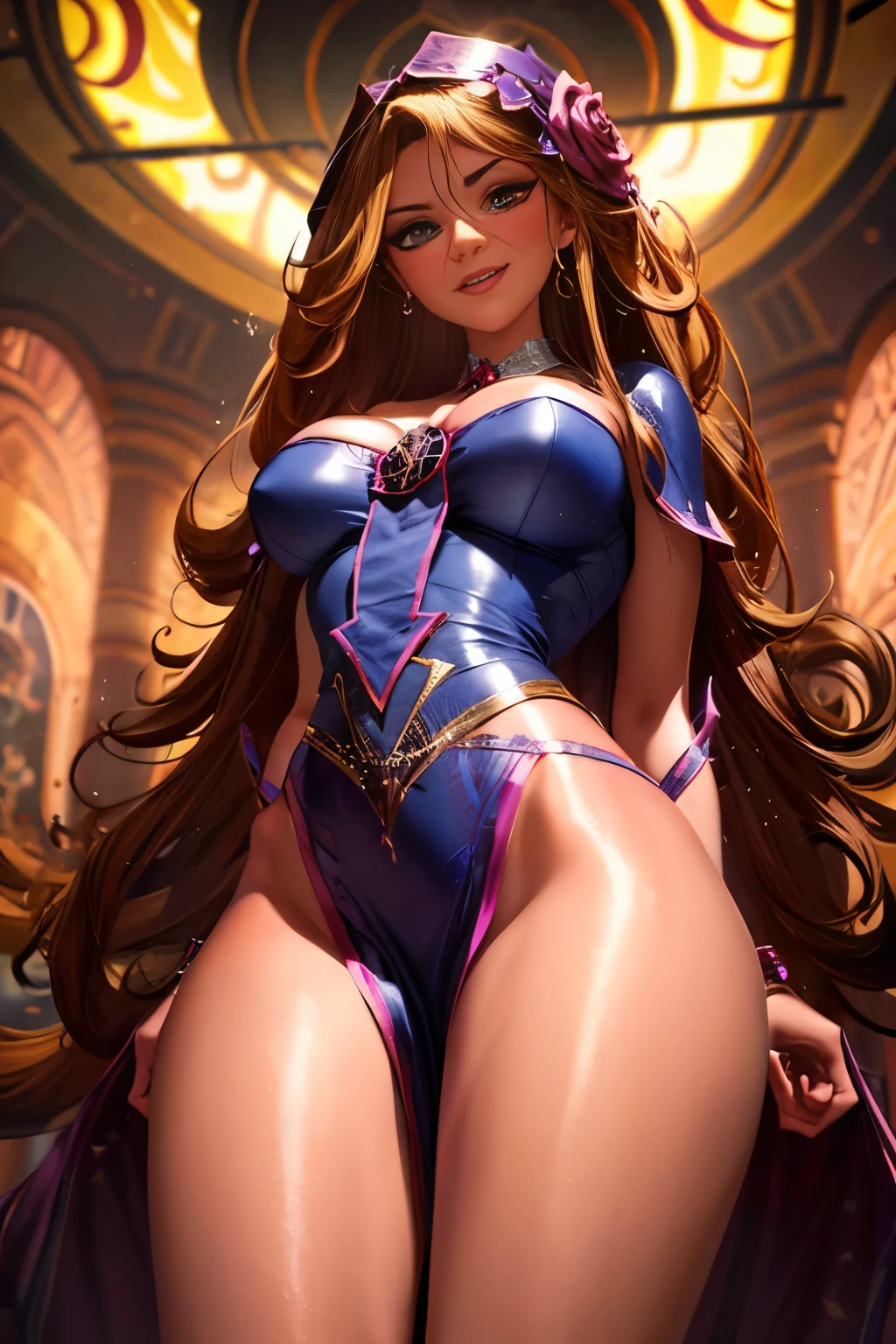 Dark magician girl, she is beautiful, sensual and sexy, with her beautiful suit, with big breasts and big hips and a very small waist, looking straight ahead about to leave the screen so close that you can see it., standing in a very sexy position in the background of a futuristic city with many neon lights