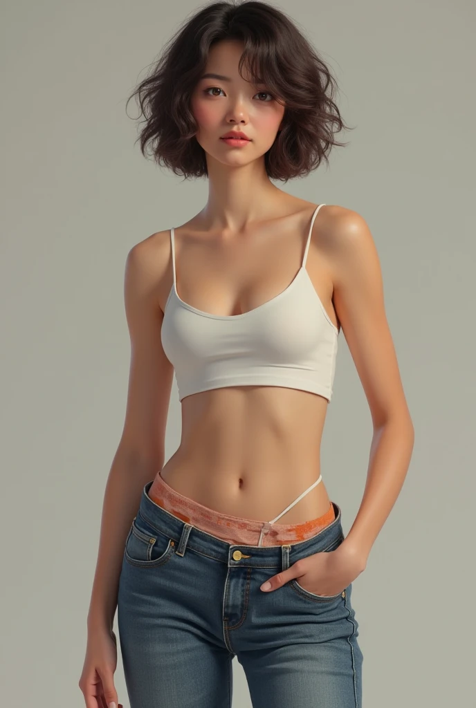 (she is standing,model posing:1.3),,(Full body,watching at Viewer:1.3),,1 Japanese female, (The real face of a 30 year old),Shy Smile,,,,,(white bra top, tight jeans:1.3),,,,,,,,,(Slender Body,Flat Breasts,gigantic hips:1.6),(long Hair,Wavy Hair, Brown hair:1.2),, Soft Portrait Shot, Smooth, White skin like porcelain,, transparent white skin, , Pure white skin,Photorealistic perfect body, Real Engraving Idol, 4K, ,,,(8K, RAW Photos, Ultra-high resolution, highest quality, masterpiece:1.2), (Realistic illustrations), (Highly detailed CG Unity 8k wallpaper)