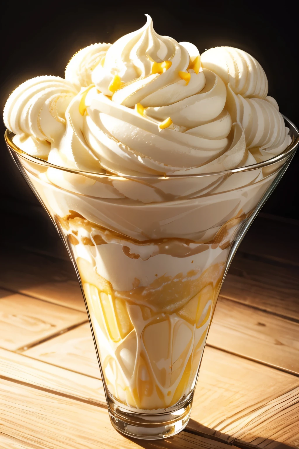 a delicate ice cream cone, glowing golden yellow, dripping with sweet creamy vanilla, detailed, highly detailed, photorealistic, 8K, HDR, vibrant colors, soft lighting, masterpiece, professional, realistic, hyper detailed