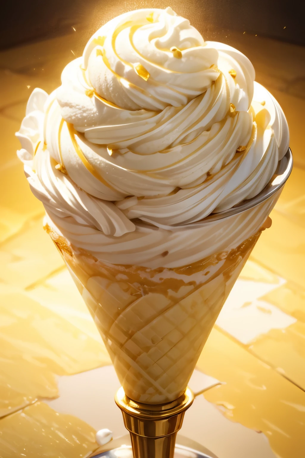 a delicate ice cream cone, glowing golden yellow, dripping with sweet creamy vanilla, detailed, highly detailed, photorealistic, 8K, HDR, vibrant colors, soft lighting, masterpiece, professional, realistic, hyper detailed