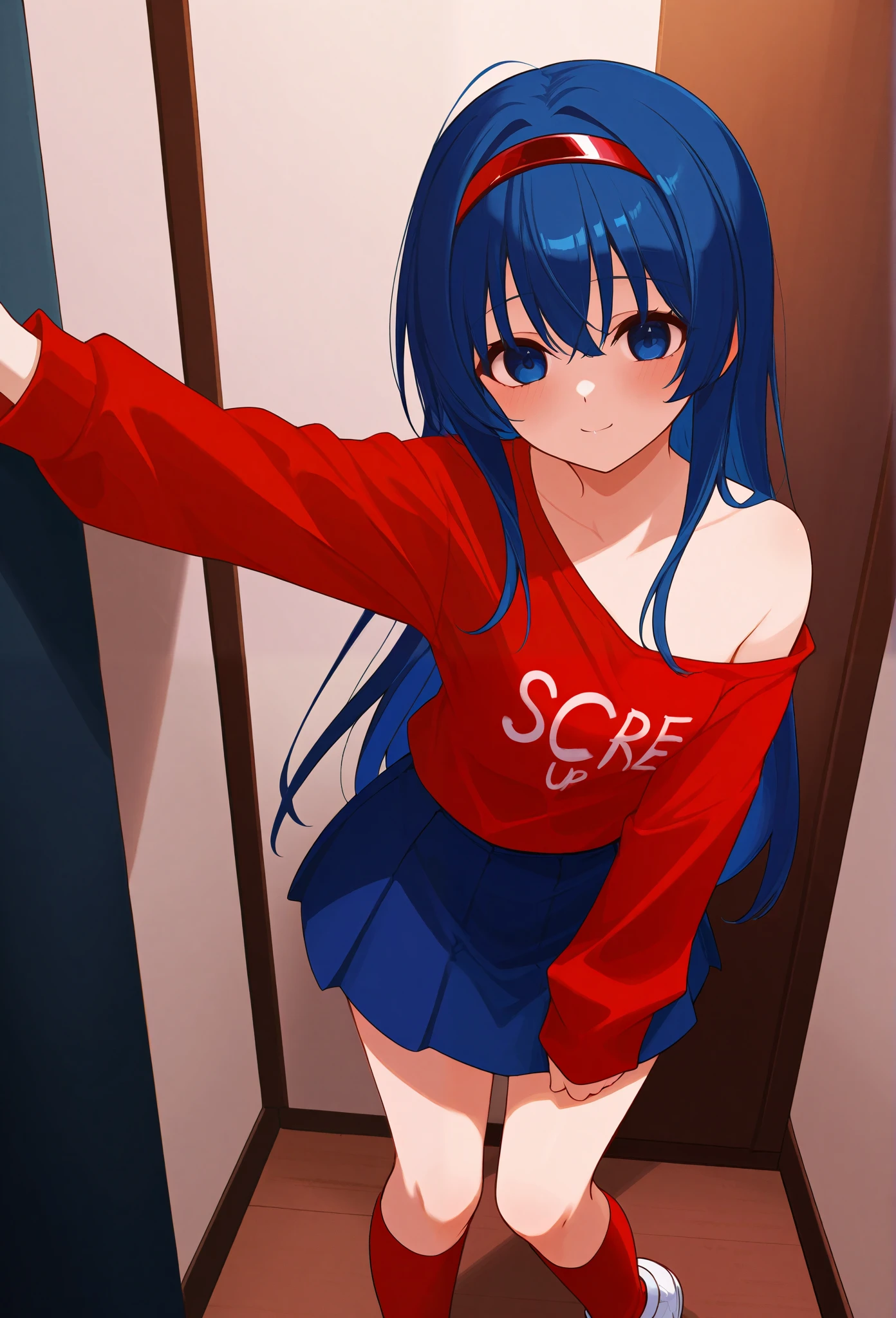 1 woman, Yandere, Mita, Miside, dark blue eyes, blue hair, Red diadem, off shoulder, cute, red t shirt, blue skirt, Red long socks, white sneakers,
