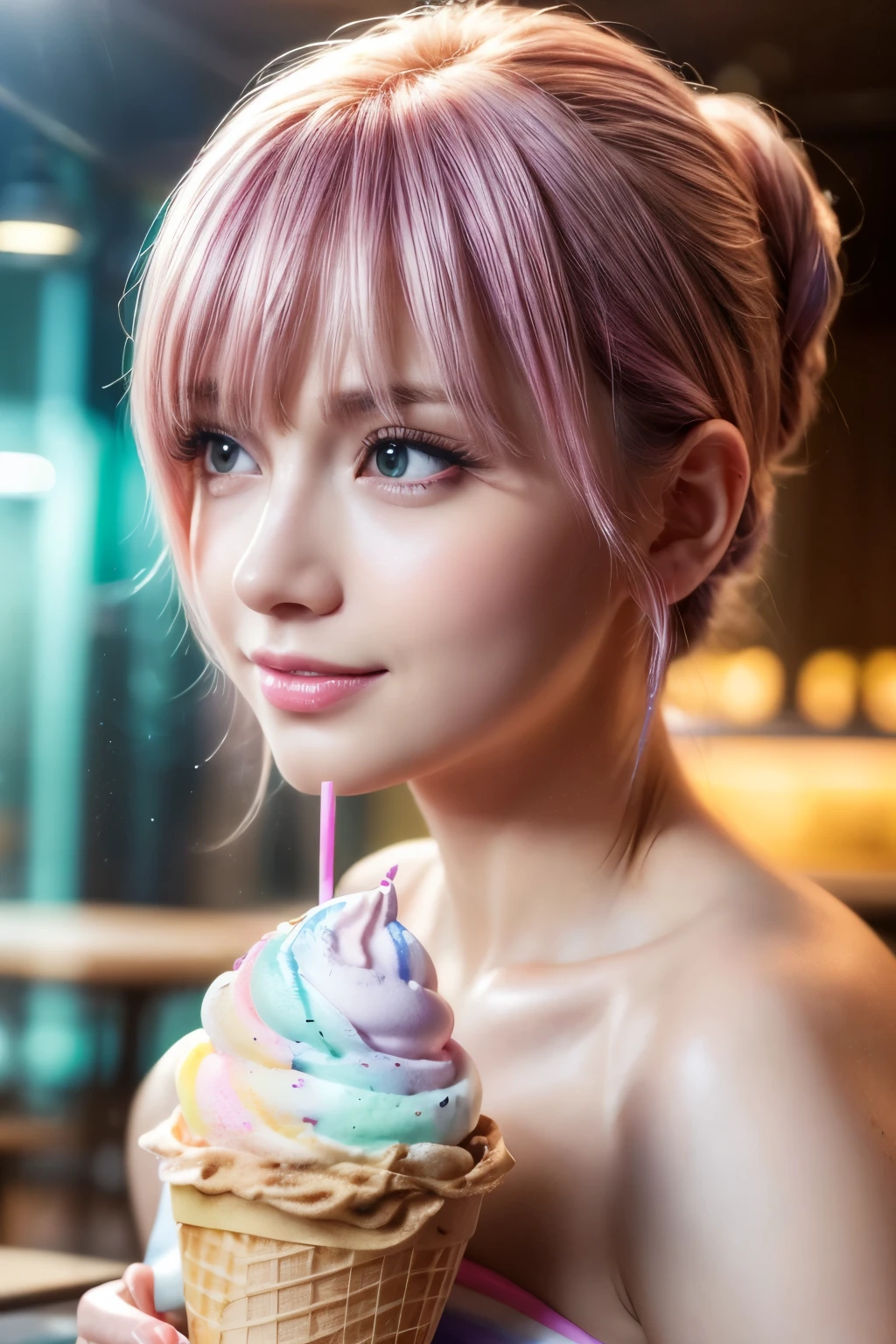 a sweet ice cream cone, detailed ice cream scoops, soft serve ice cream, dripping ice cream, colorful sprinkles, ice cream parlor, ice cream sundae, detailed ice cream texture, glossy ice cream, melting ice cream, bright lighting, pastel colors, (best quality,4k,8k,highres,masterpiece:1.2),ultra-detailed,(realistic,photorealistic,photo-realistic:1.37)