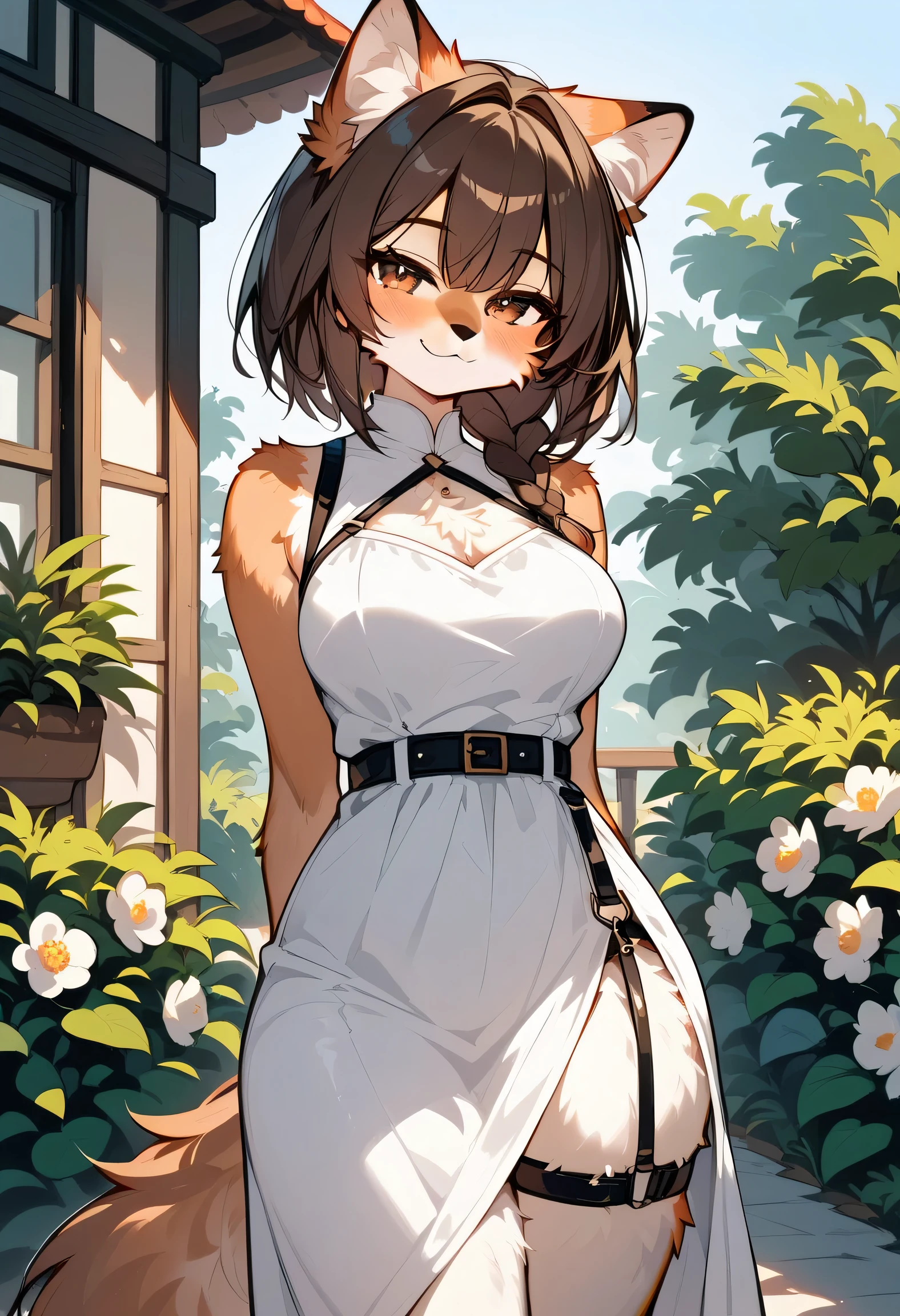 (score_9,score_8_up,score_7_up), fluffy, One, hind, doe, (body fur), BROWN HAIR , medium hair, one braid, brown eyes, half-closed eyes , seductive smile, style to blush, middle breasts, wide hips, shocks, white summer dress, sleeveless, thin straps , looks at the viewer , hands behind , outdoor , now