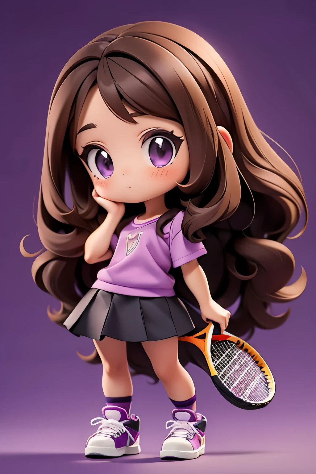  Cute girl with long brown hair and purple blouse ,  short black skirts ,  tennis shoes also in cartoon style