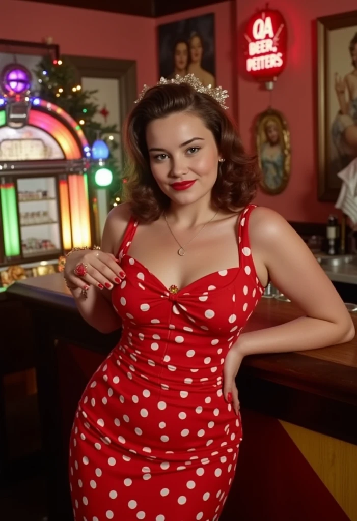 Albanian, girl, long brown hair, blue eyes, Red polka dot pinup brunette, Retro glamour red polka dot dress, Vintage pinup style brunette in red polka dots, Brunette bombshell in red polka dot dress, Pinup fashion with red polka dots, Retro pinup brunette in polka dot dress, Red polka dot pinup girl posing, 1950s inspired pinup with red polka dots, Classic pinup brunette in red polka dot attire, Pinup photo shoot with brunette in red polka dot dress