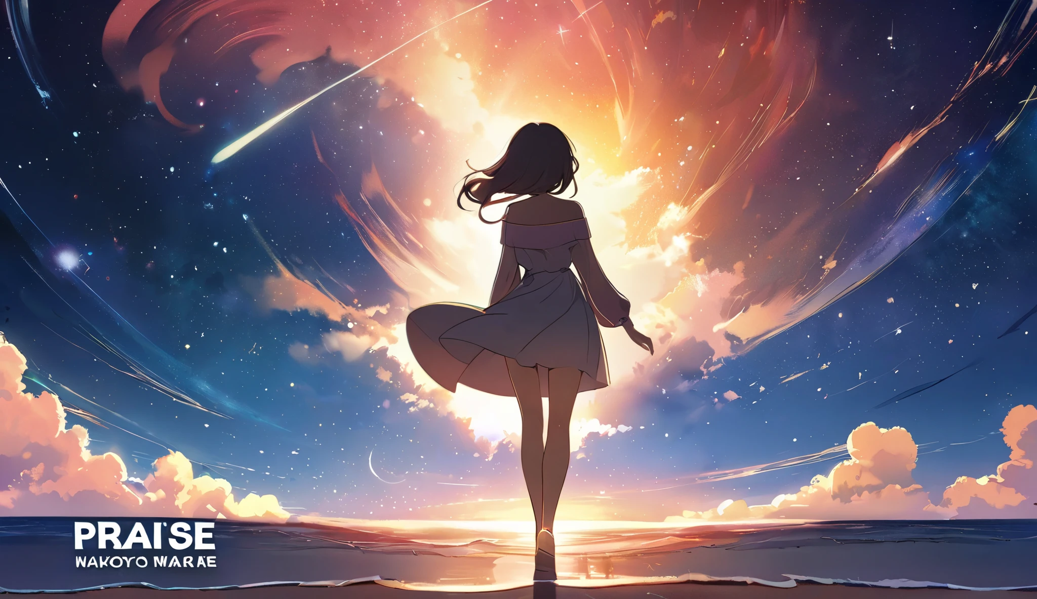 A woman is standing on the beach 、 watching the sunset , Jan J, praise album art, Makoto Shinkai cyril rolando,  dreamy atmosphere far away, ( ( Makoto Shinkai ) ),  Music Album Art , Khun Khun, praise artstyle, Space Sky. by Makoto Shinkai, praise, Dai Jin, Jin Non　Please make the image 16 : 9