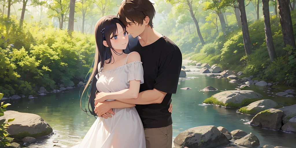 White shirt and jeans, long straight wavy black hair　Men and women having sex　At the Lake　Insert　Perfect limbs　Naked men and women