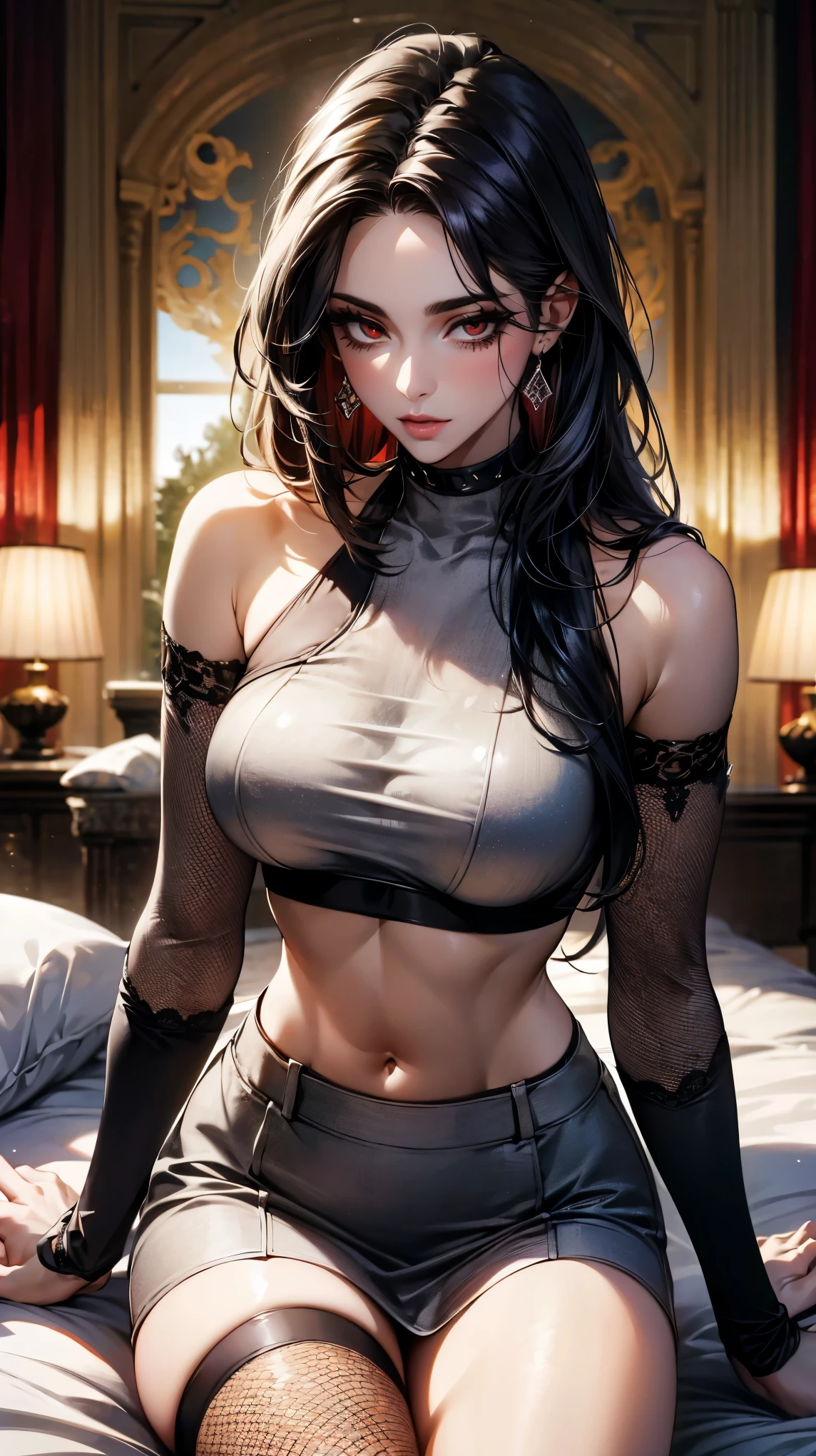 (Masterpiece,Highest quality,32k,Ultra-high resolution,appropriate margins,nice lighting),1 person,Very beautiful adult woman,Slim body,Very large breast,flowy Hair,raven hair,(side bangs, cute forehead),mascara,Red eyeliner,glossy lip,Thin teak,Thick upper eyelashes,Thin eyebrows,crimson eyes,seductive eyes, shoulder-length hair, (crop top with fishnet top and fishnet sleeve), skirt, fishnet stockings,modern bed, (ultra detailed, super sharp focus)