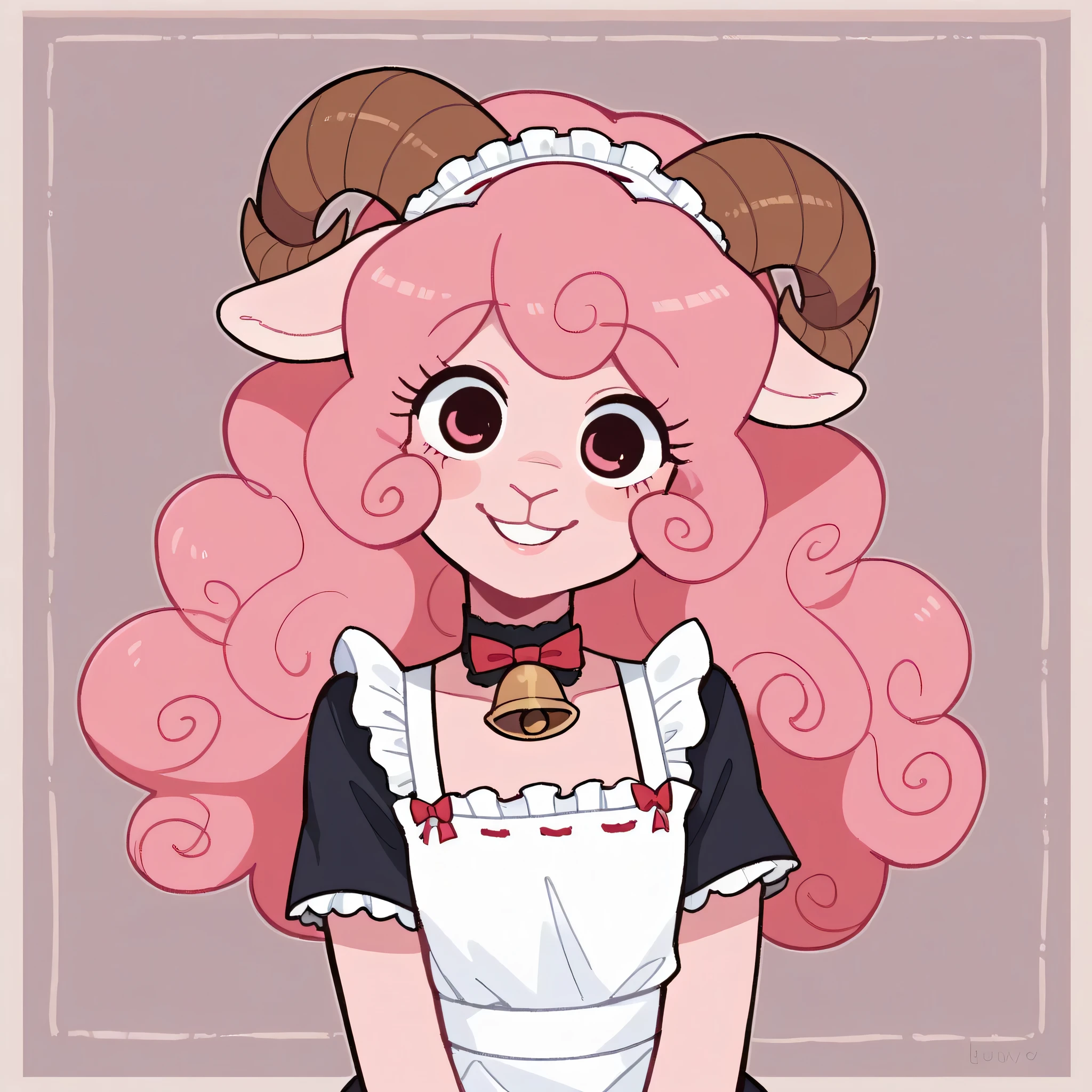 better quality, very detailed illustration ( Anthropomorphic furry sheep:1,7) , ruffled voluminous bouncy hair , playful look, delgado, ideal body, simple drawing, Artifyber style , pastel flat colors , beautiful, cartoon ,solo,baker, short curly pink hair, maid clothes, frilly apron, a smile, fluffy curly tail, sheep ears, bell collar, ram horns