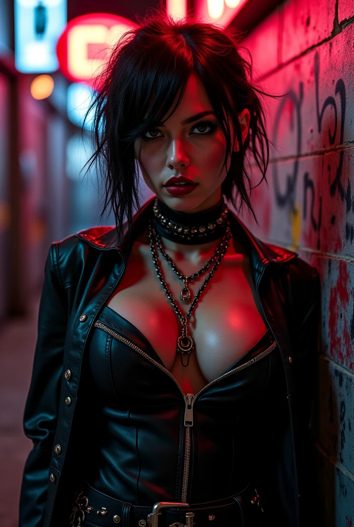 Close-up of woman with burgundy hair in black bra, Metal jewelry, Dynamic posture, handsome body, wet hair, drops on clothes, seductive cyberpunk dark fantasy, Sensual, Gloomy style, dark fantasy mixed with realism, goth girl, Gothic and futuristic, Neogot, very beautiful goth top model, gothic horror vibes, The Queen of Dark Gothic, Gothic atmosphere, goth woman, Awesome and gloomy, ornamental gothic - steampunk, Gothic - steampunk. Standing near a black motorcycle ,night city ,megalopolis , City Lights at Night, Ultra Neon