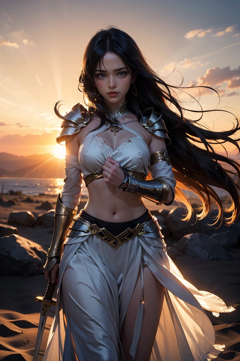 Crie a personagem de um anime de demon Slayer, a woman with brown hair, curlies, With a long dress, and a beautiful sword, with a gold leaf crown, with white eyes, darkskin, with vitiligo
