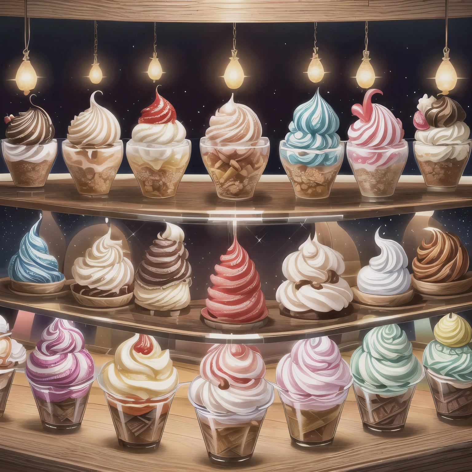 araffles of different flavors of ice cream in a display case, mountains of ice cream, 3 4 5 3 1, 4 0 9 6, sea of parfait, 2506921471, ice cream on the side, ice cream cones, caramel, 2717433015, ice cream
