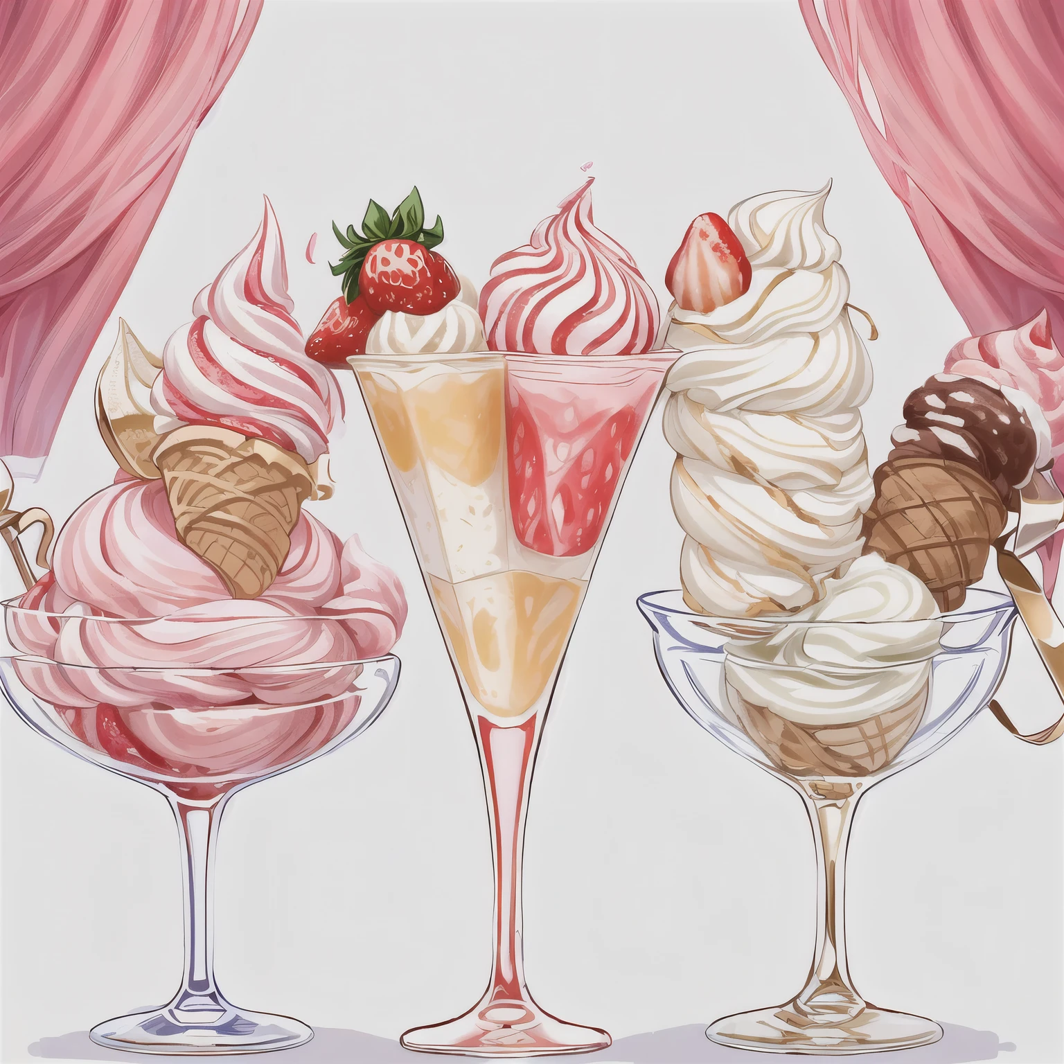 there are two cups of gelato with strawberries in them, strawberry ice cream, ice cream, eating ice cream, ice cream on the side, eating ice - cream, inspired by Gentile Bellini, inspired by Lattanzio Gambara, ice cream cones, 1614572159, inspired by Gina Pellón, ice cream cone