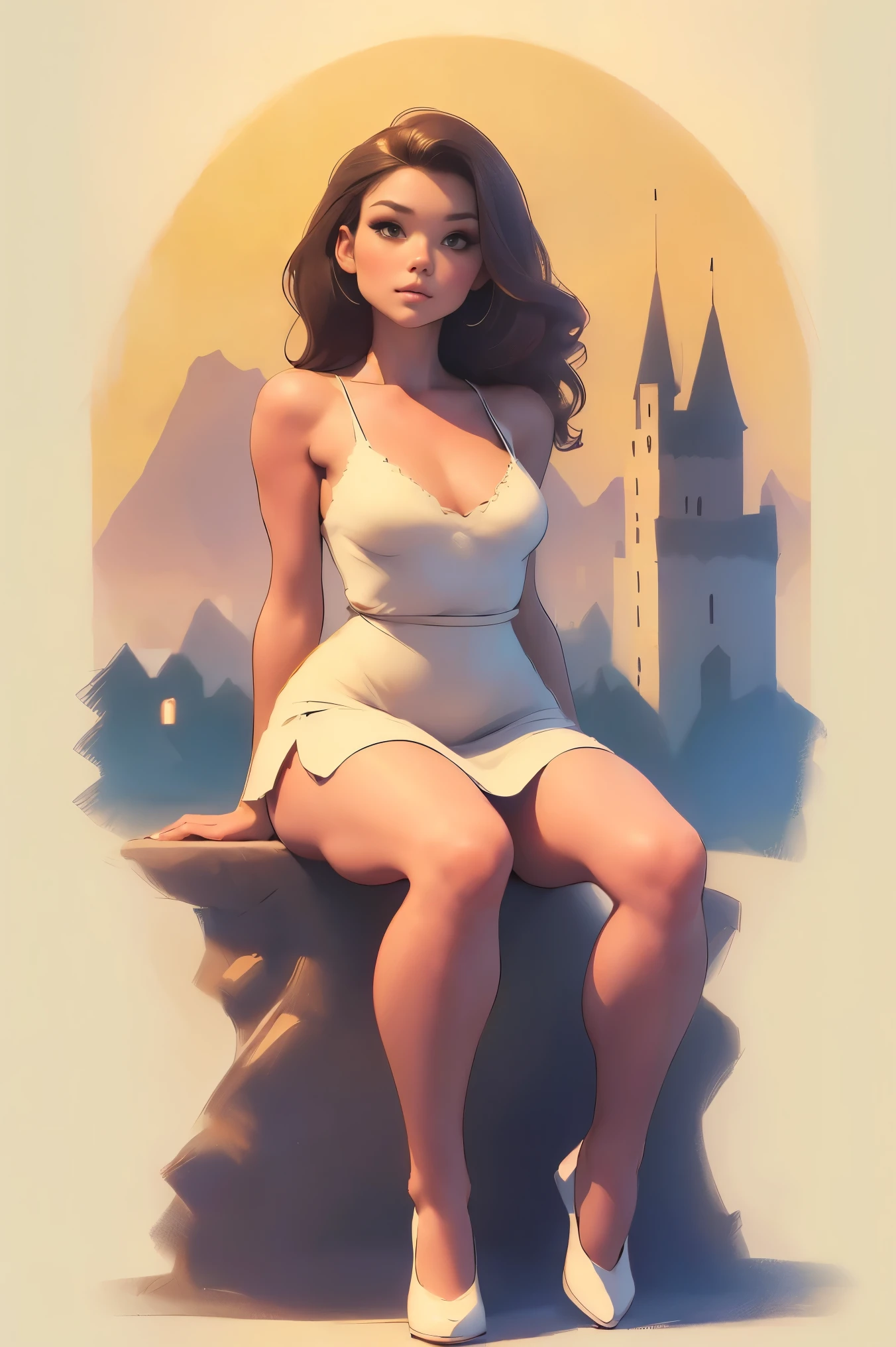 A woman, ((((sitting)))):1.7 ((dressed in a sexy white mini micro dress)):1.4, brown long hair, (((Full body drawing))):1.5, curvy, ((long legs)),(((long body))):1.6,((perfekt eyes))):1.5,((softly rounded)):1.6, (small breast):1.9, (((wide hips))):1.7, ((Chubby hips)):1.7, (small waist):1.7,(small torso):1.8, (((rounded legs))):1.7, (a castle in the Background):1.7,