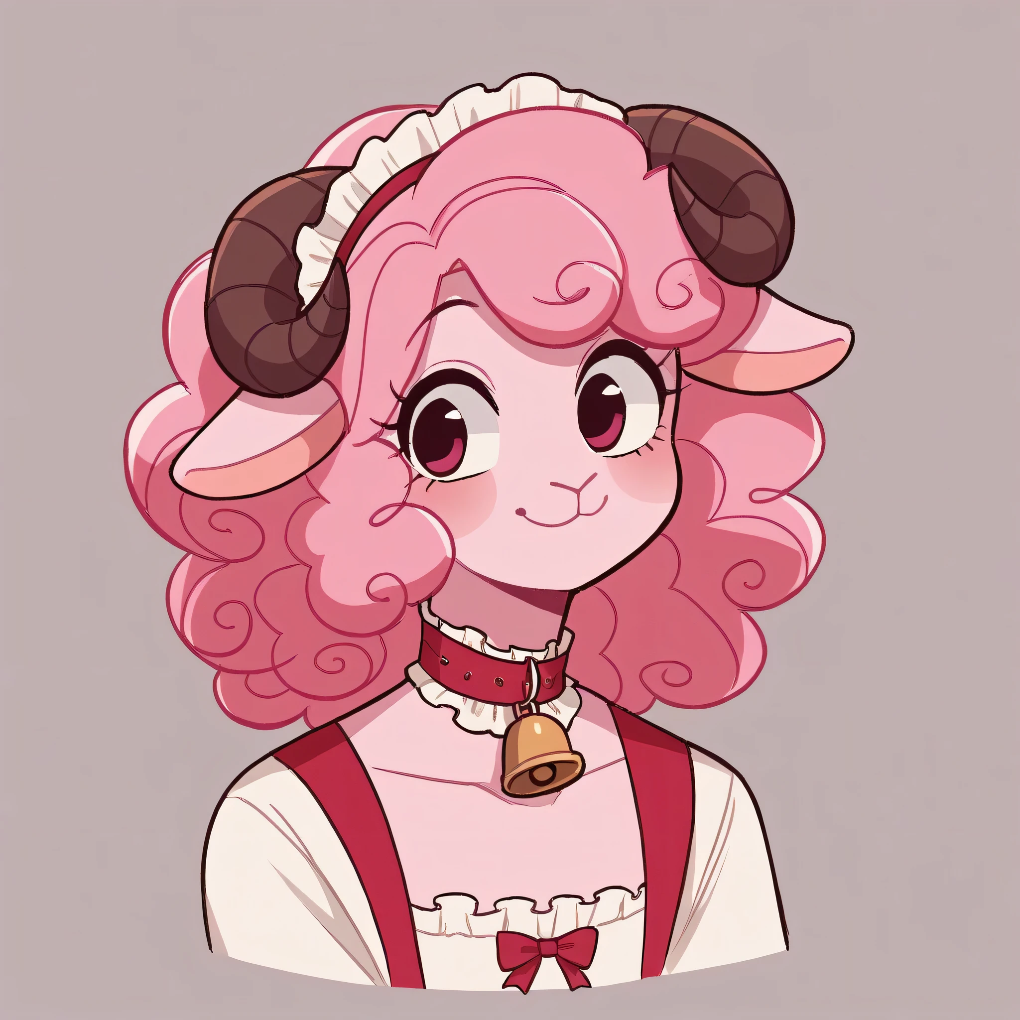better quality, very detailed illustration ( Anthropomorphic furry sheep:1,7) , ruffled voluminous bouncy hair , playful look, delgado, ideal body, simple drawing, Artifyber style , pastel flat colors , beautiful, cartoon ,solo,baker, short curly pink hair, maid clothes, frilly apron, a smile, fluffy curly tail, sheep ears, bell collar, ram horns