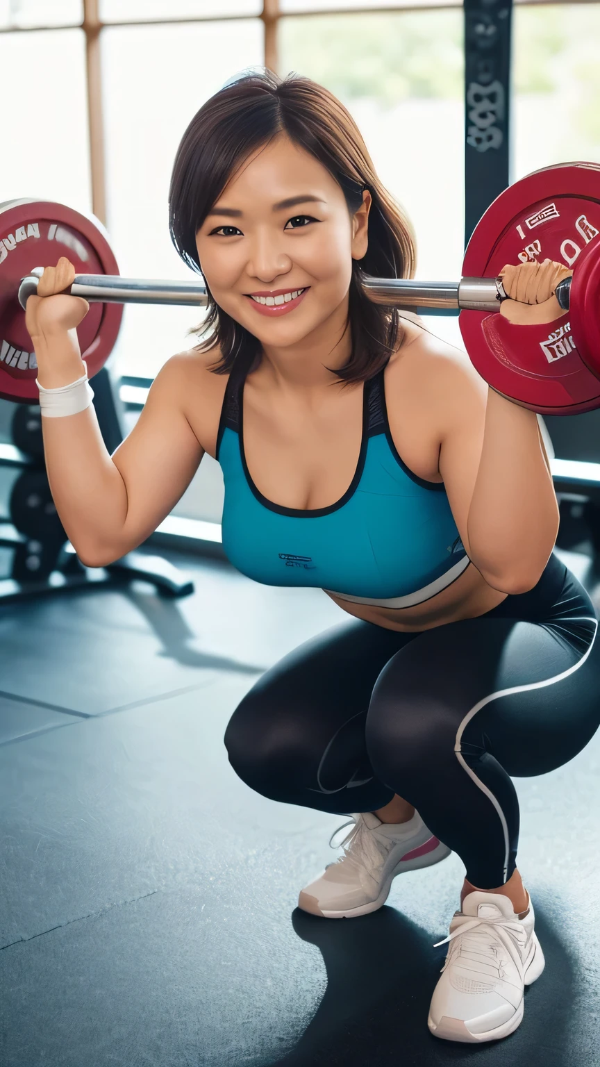 Highly detailed CG Unity 8k wallpaper, highest quality, Tabletop, Realistic, Like the picture, Highly detailed beautiful woman, 42 years old,((Very Short Hair))、(((Large Breasts)))、Cleavage , (Sweat) , Round eyes, ((The shape of the nipple is visible from the top of the clothes))、Realistic female hands、Audience, blush, smile, ((Tall beautiful woman))、Lips parted, Full body shot , Tank top , Obscene sportswear ,((strength training))、 squat, (((Sheer sportswear)))、sports gym、Stand upright、Muchimuchi、Front view