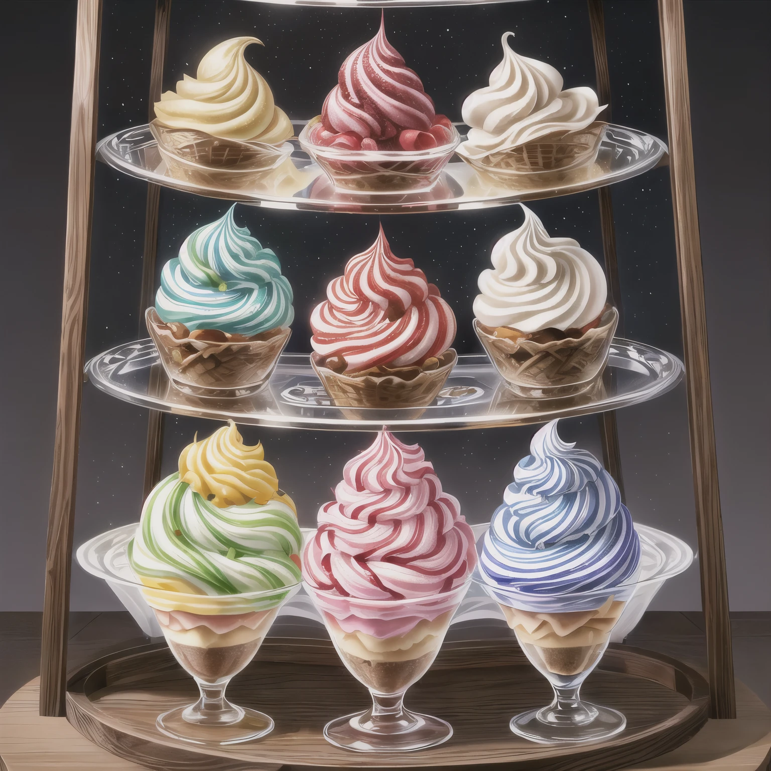araffles of different flavors of ice cream in a display case, mountains of ice cream, 3 4 5 3 1, 4 0 9 6, sea of parfait, 2506921471, ice cream on the side, ice cream cones, caramel, 2717433015, ice cream