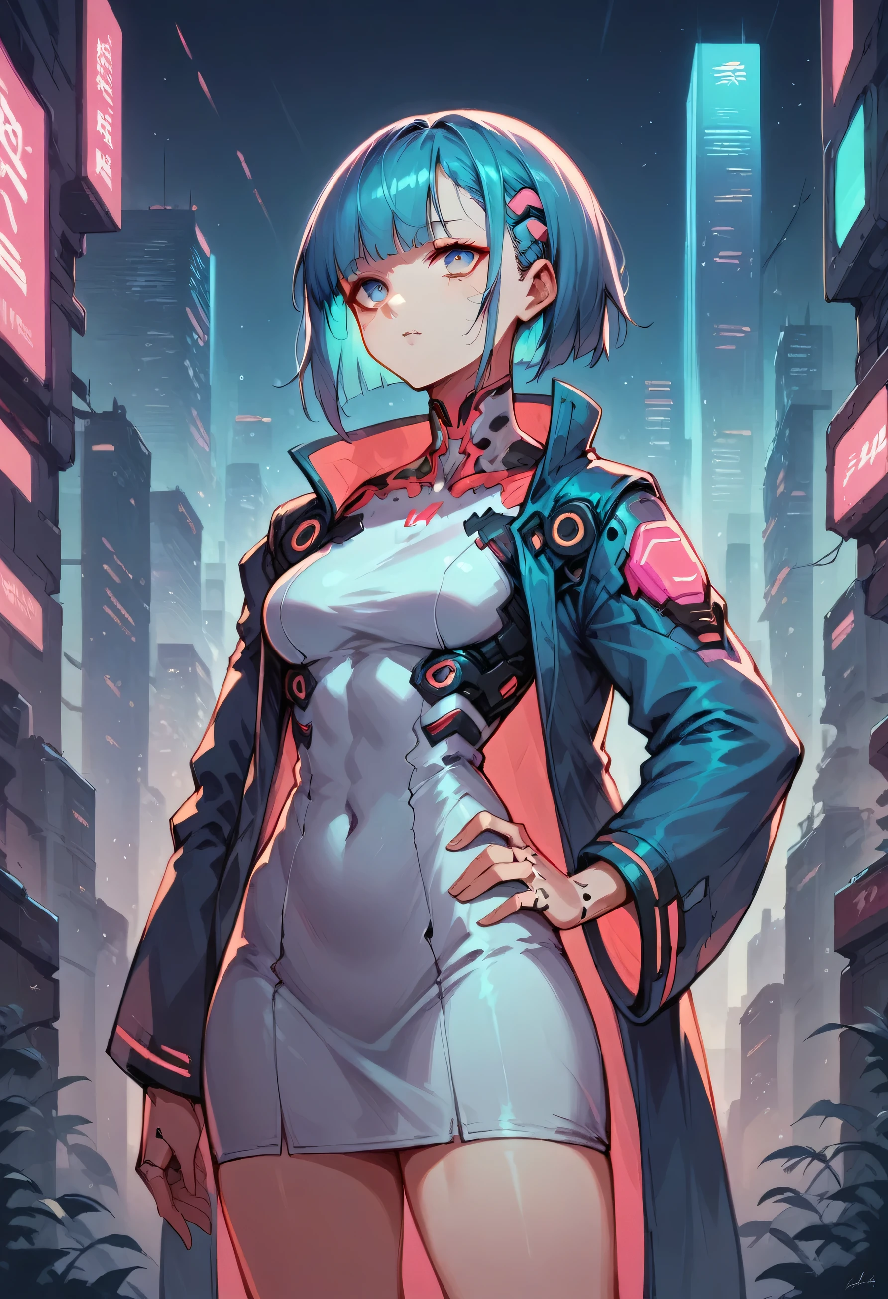 , a high-quality image of , futuristic anime style , Cyberpunk, girl in a futuristic city , neon colors, wide-sleeved jacket and white dress, medium length hair with bangs , sultry body, blue hair outside and pink inside , blue eyes , Light skin, hand on thigh