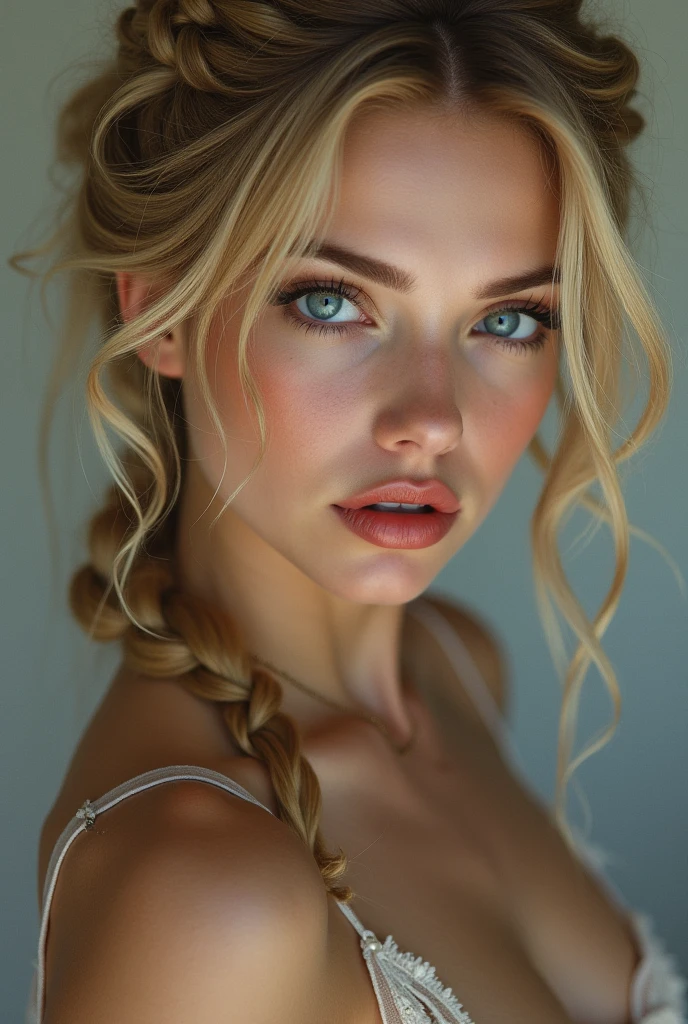 high quality, detailed, photorealistic, masterpiece, vivid colors, cinematic lighting, elegant beautiful woman, blue eyes, blonde hair in braided, flawless porcelain skin, freckles, red lipstick, seducing look, skinny body, black miniskirt, white overknees, ??????????, perfect facial features, 18 years old, white top, bending down