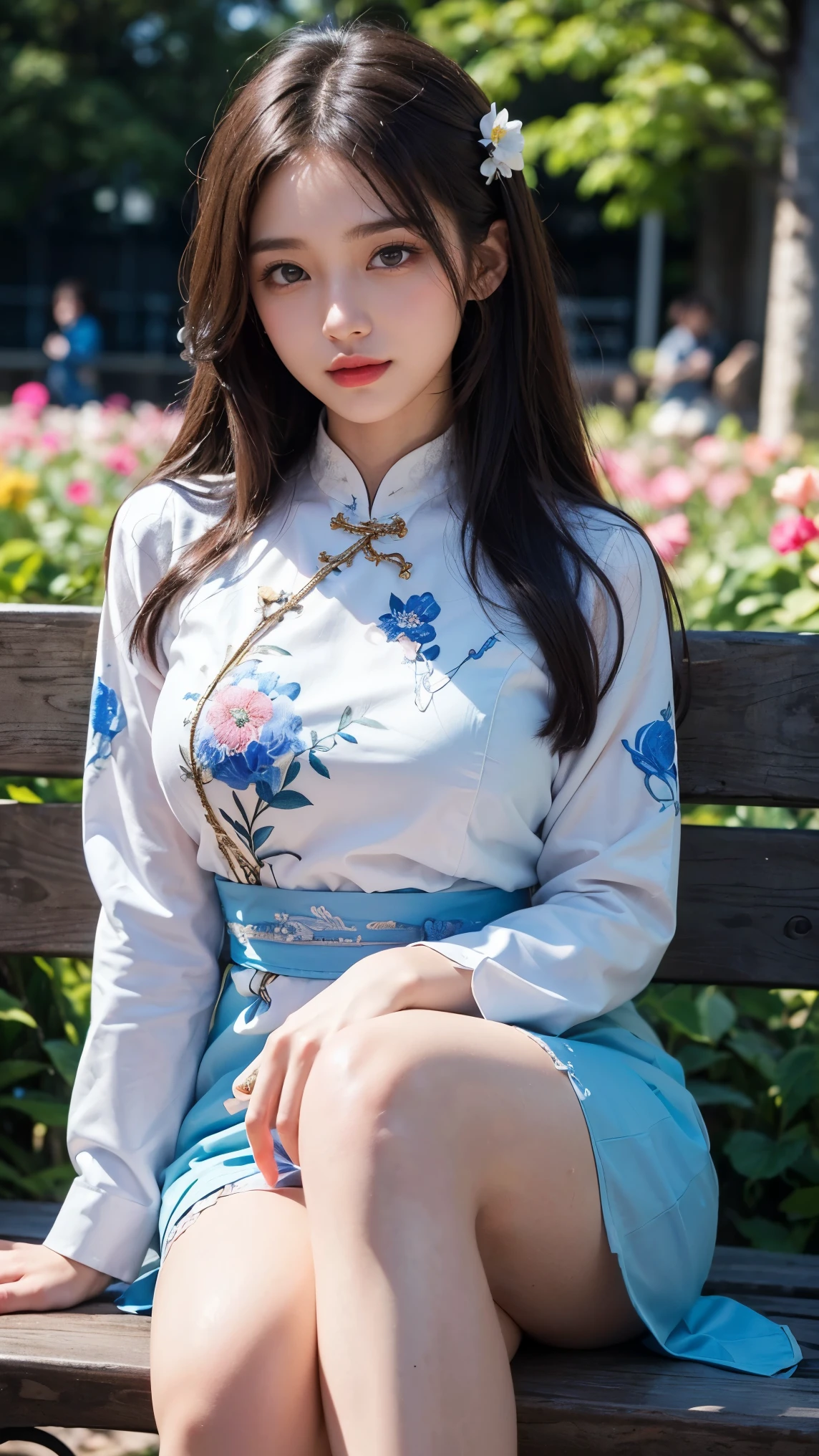 Araffe asian woman sitting on a bench in a park - SeaArt AI