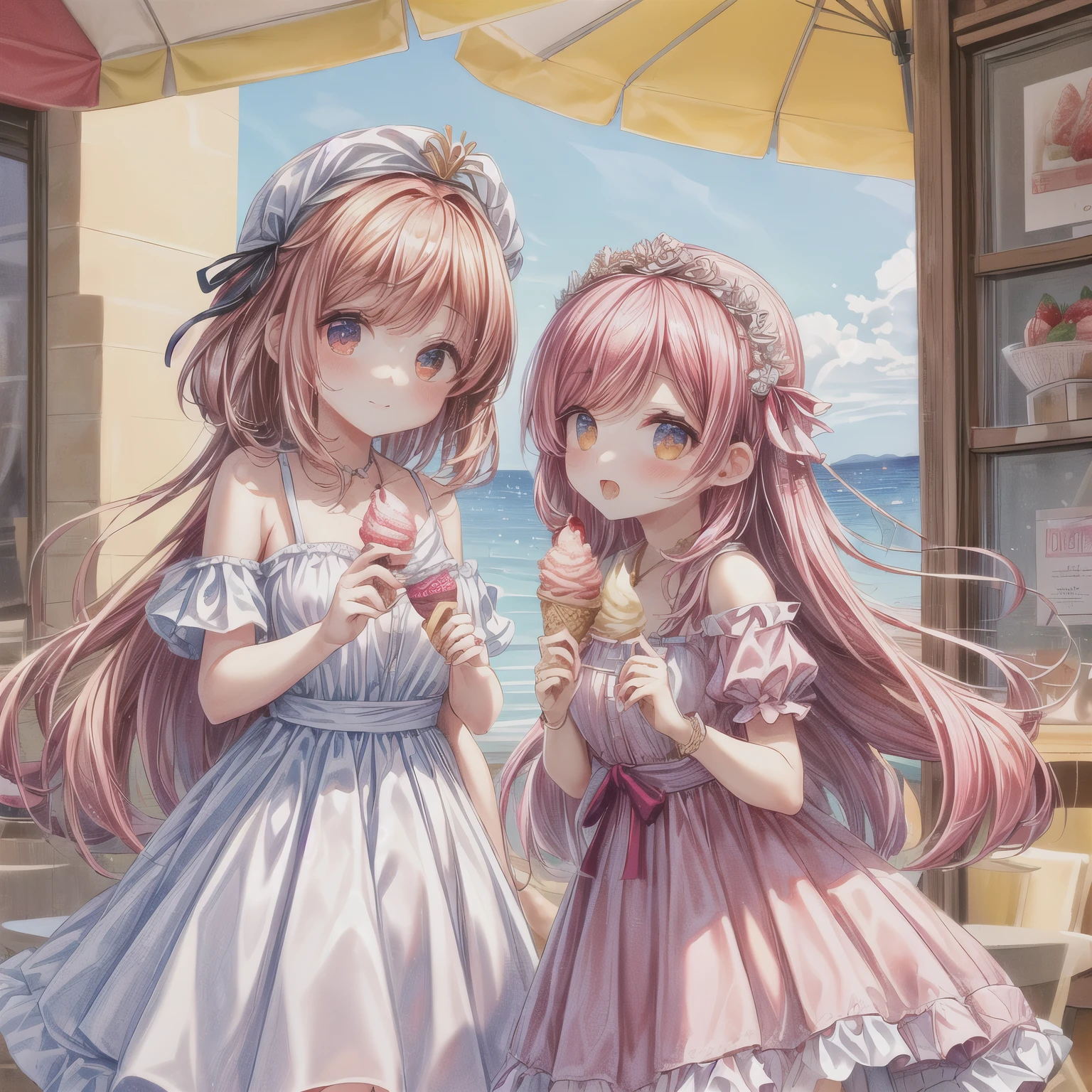 there are two cups of gelato with strawberries in them, strawberry ice cream, ice cream, eating ice cream, ice cream on the side, eating ice - cream, inspired by Gentile Bellini, inspired by Lattanzio Gambara, ice cream cones, 1614572159, inspired by Gina Pellón, ice cream cone