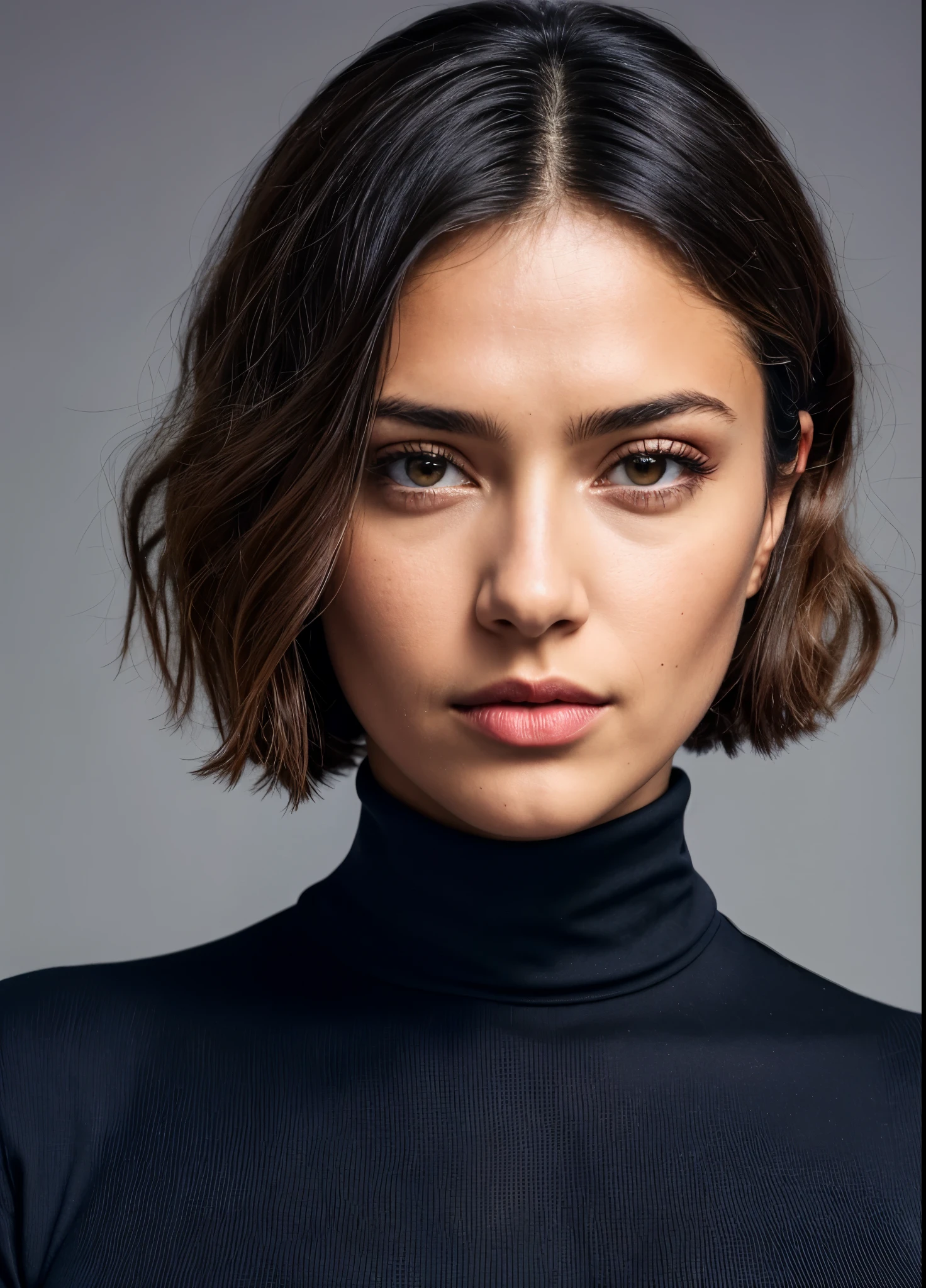 Stunningly complex full-color full-body photography, 80kg, (sks woman:1), in a black turtleneck, epic character composition , author: Ilya Kuvshinov , Alessio Albi , Nina Masik, sharp focus , natural light , diffuse subsurface lighting , f5, 18mm , film, short hair , baggy fabrics