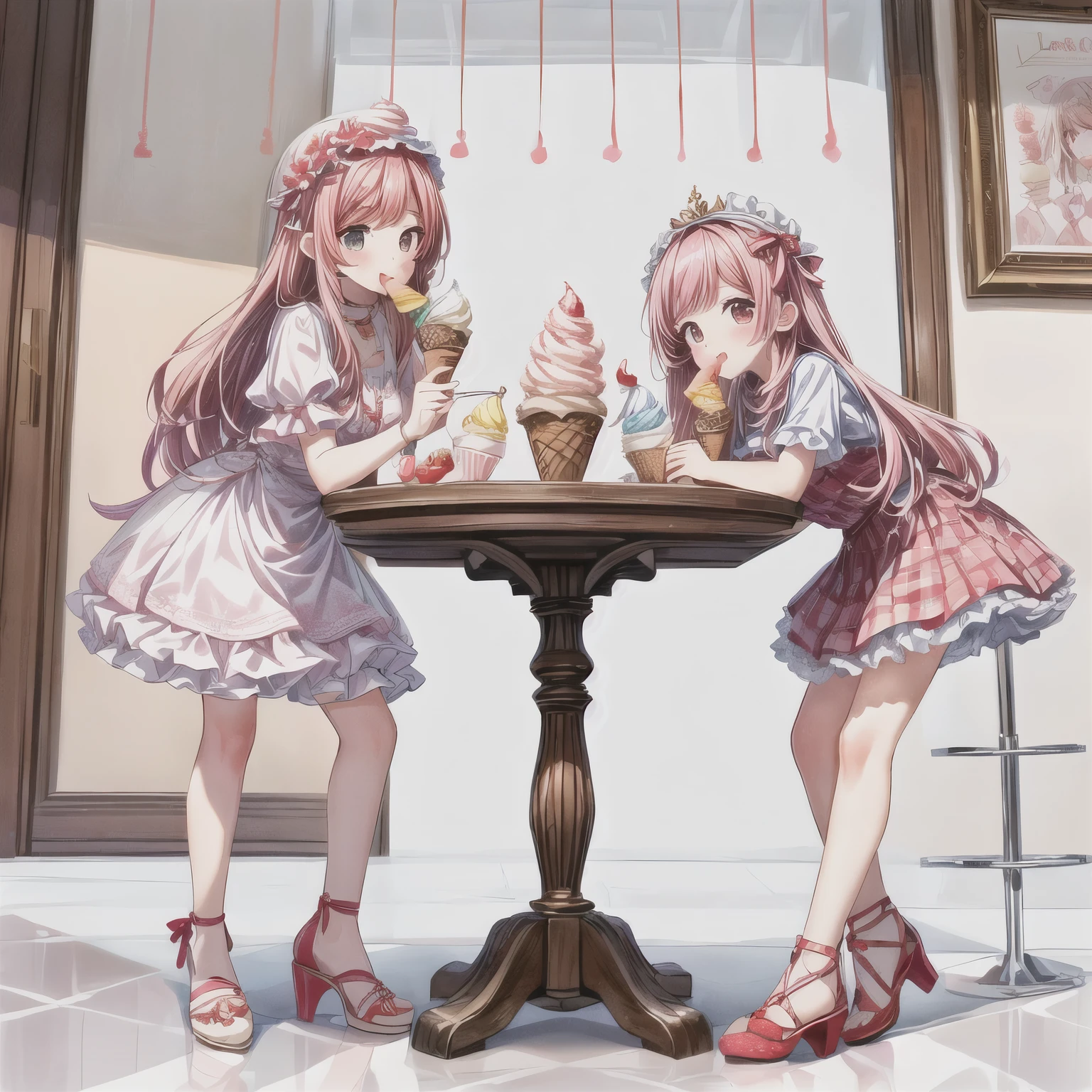 there are two cups of gelato with strawberries in them, strawberry ice cream, ice cream, eating ice cream, ice cream on the side, eating ice - cream, inspired by Gentile Bellini, inspired by Lattanzio Gambara, ice cream cones, 1614572159, inspired by Gina Pellón, ice cream cone