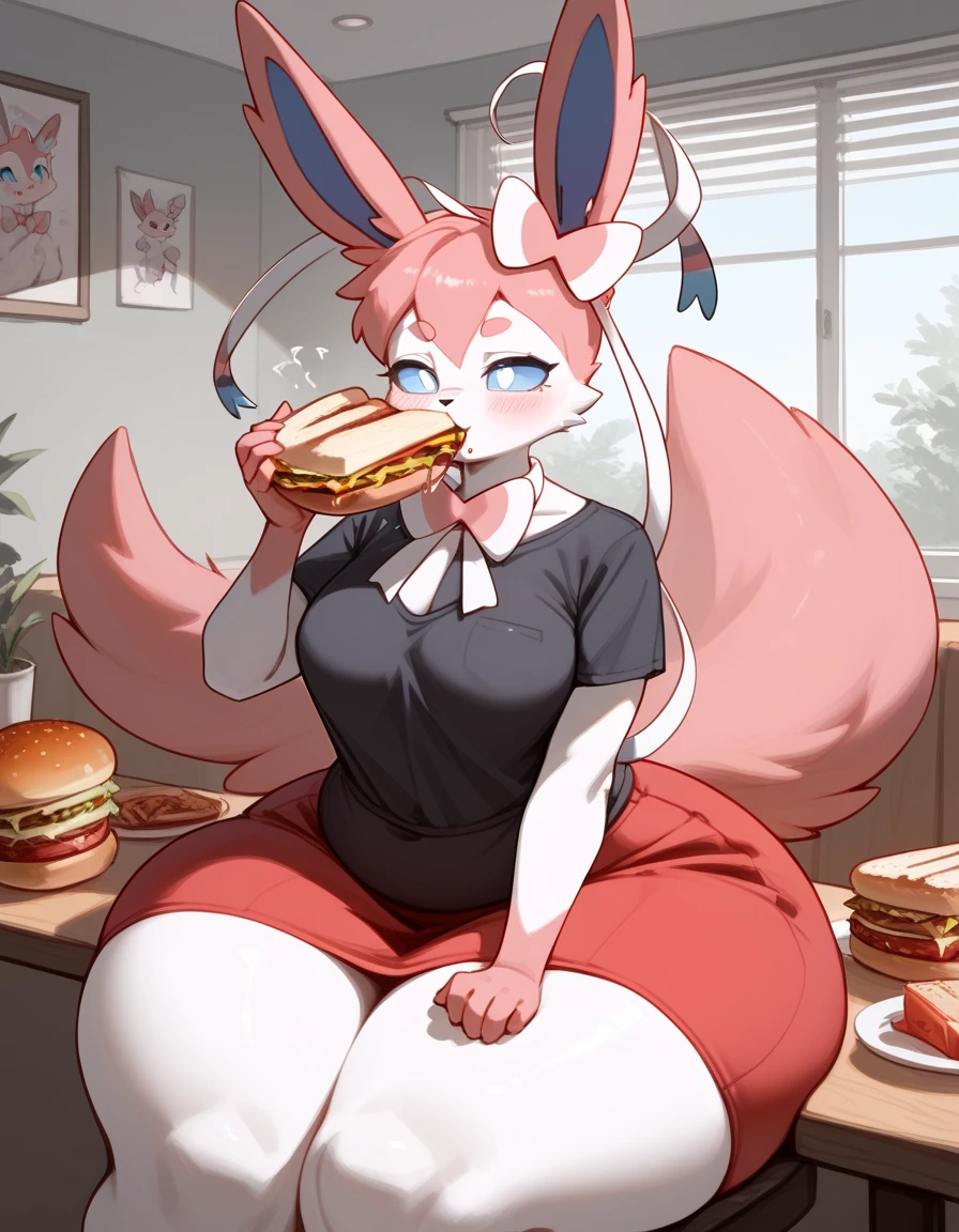 Alone, score_9,score_8_up,score_7_up, anthro female sylveon, white bra, white panties, sitting, sucking a cucumber, saliva, seductive face, indoors.