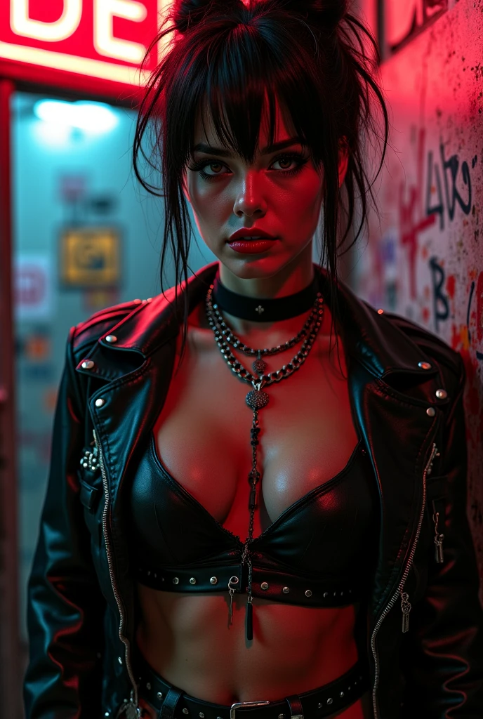 moxxi borderlands, sexy pose, 4 size breast, very thin narrow waist, realistic skin, borderlands bar background, tatooes on breasts ans belly, pink black cloth, red jacket, make-up snoky eyes, bra with push-up,
